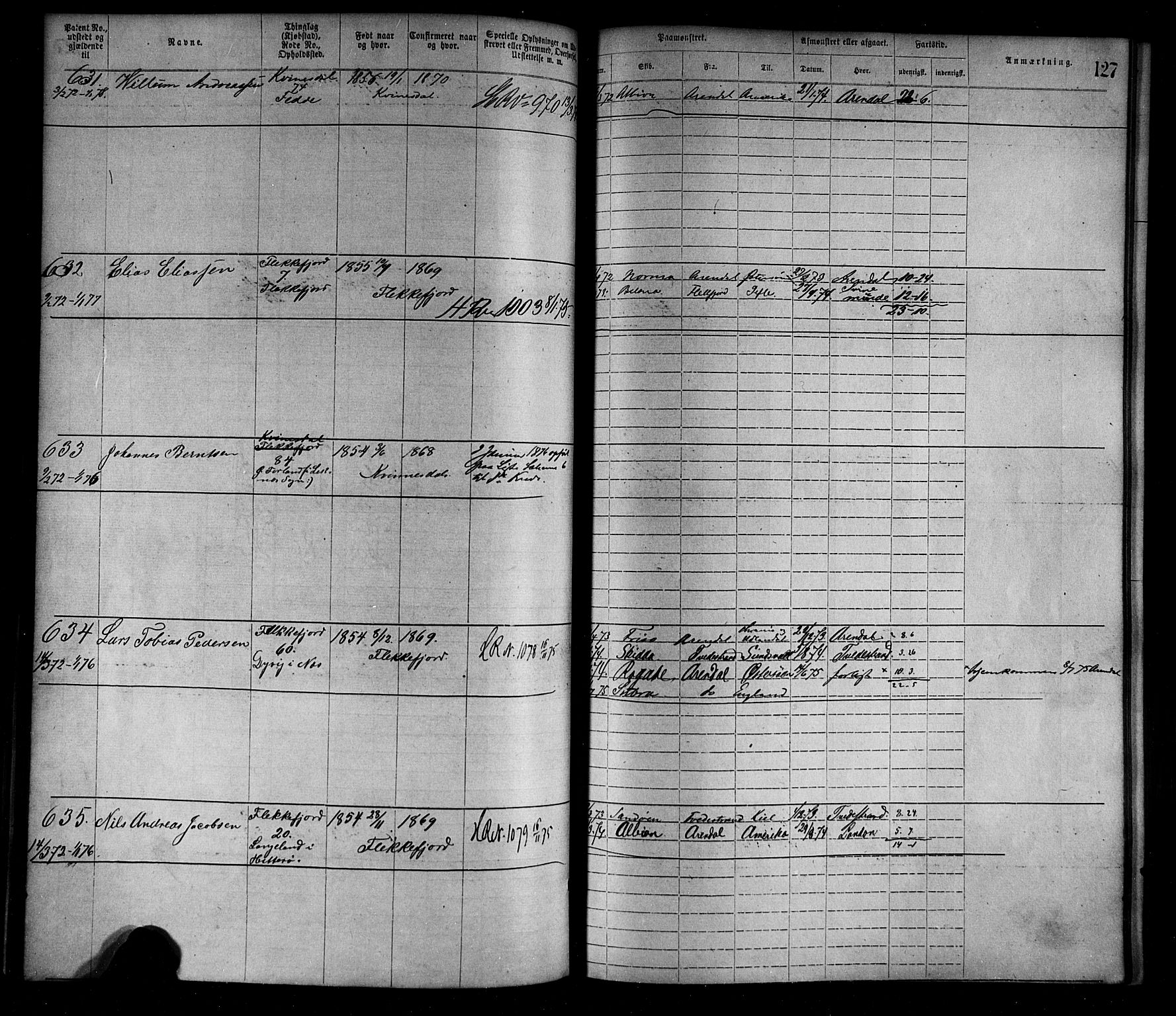 Flekkefjord mønstringskrets, AV/SAK-2031-0018/F/Fa/L0002: Annotasjonsrulle nr 1-1920 med register, N-2, 1870-1891, s. 151