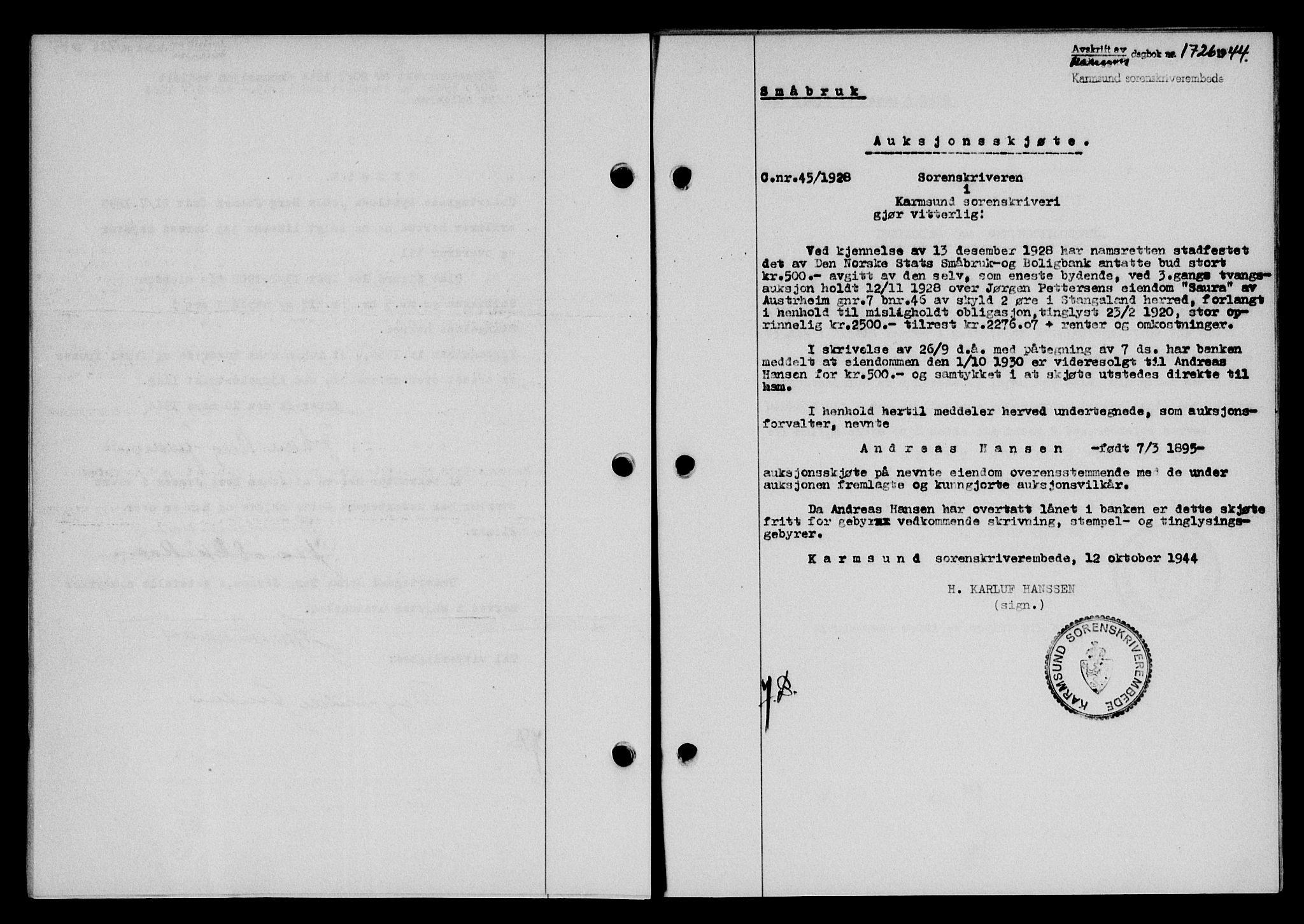 Karmsund sorenskriveri, SAST/A-100311/01/II/IIB/L0082: Pantebok nr. 63A, 1944-1944, Dagboknr: 1726/1944