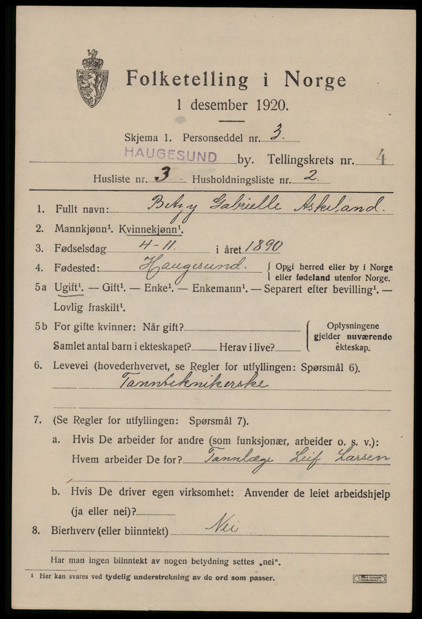 SAST, Folketelling 1920 for 1106 Haugesund kjøpstad, 1920, s. 15261