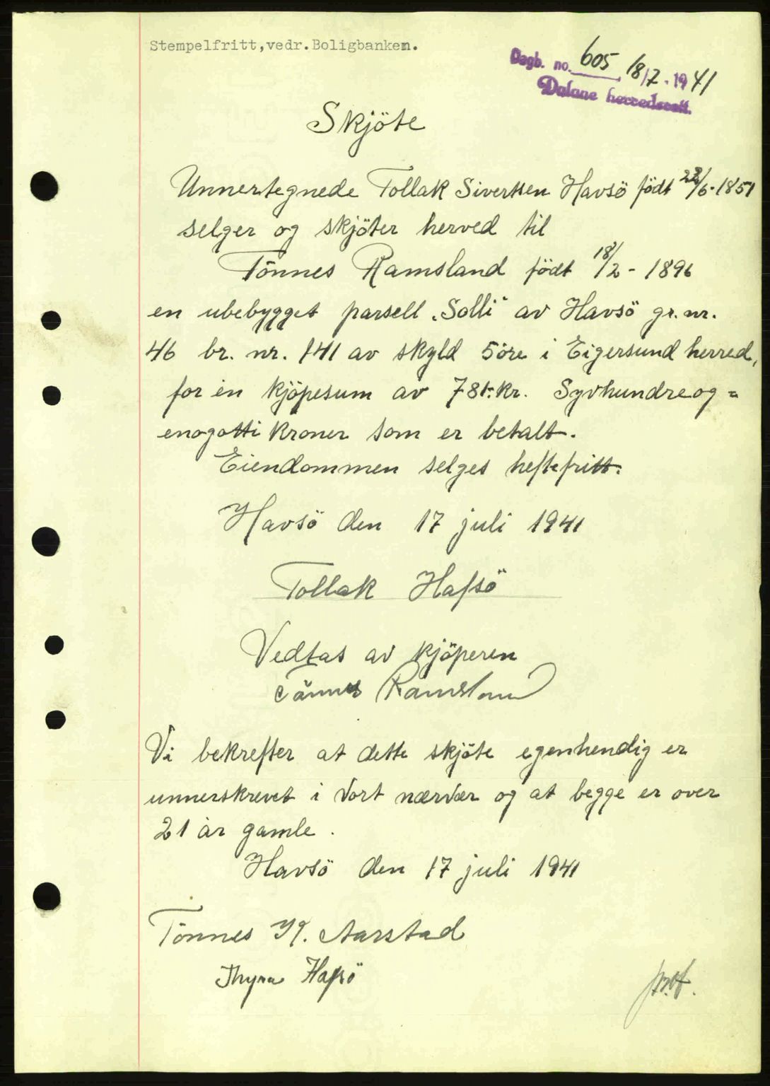Dalane sorenskriveri, SAST/A-100309/02/G/Gb/L0045: Pantebok nr. A6, 1941-1942, Dagboknr: 605/1941