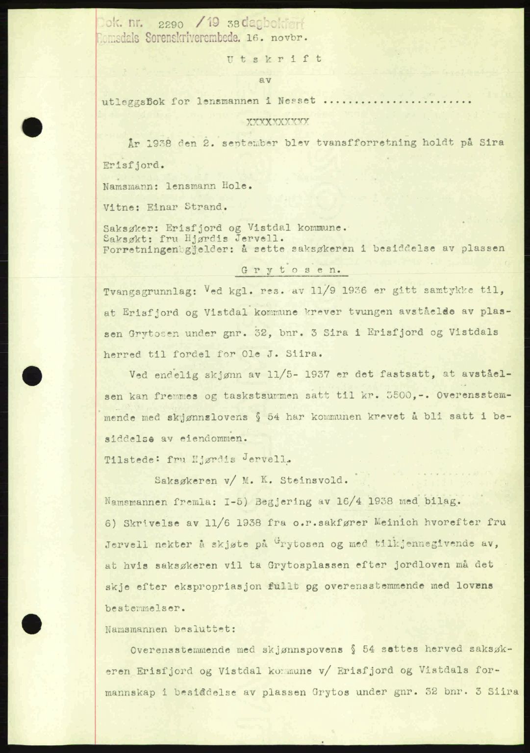 Romsdal sorenskriveri, SAT/A-4149/1/2/2C: Pantebok nr. A5, 1938-1938, Dagboknr: 2290/1938