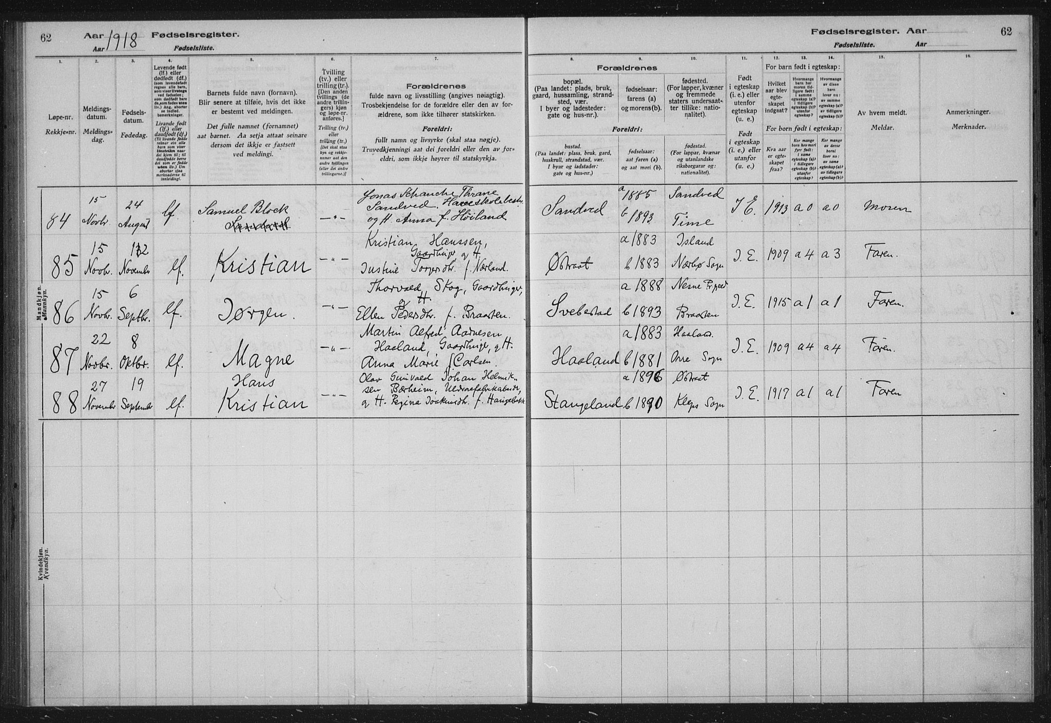 Høyland sokneprestkontor, AV/SAST-A-101799/002/O/L0001: Fødselsregister nr. 1, 1916-1924, s. 62