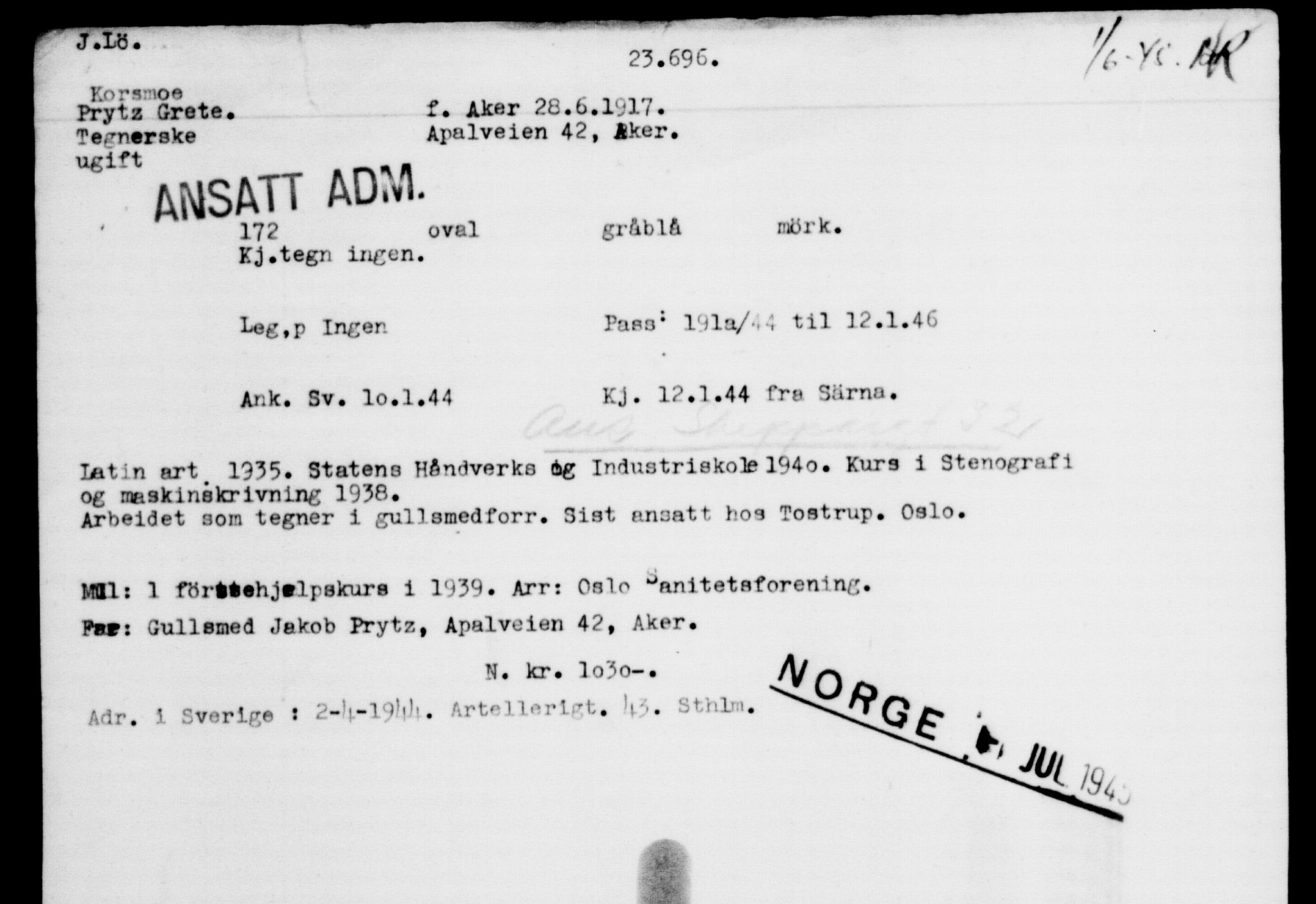 Utenriksstasjonene, Legasjonen i Stockholm, Flyktningkontoret, AV/RA-S-6753/V/Va/L0010: Kjesäterkartoteket, flyktninger med registreringsnr. 22000-25314, 1940-1945, s. 1804