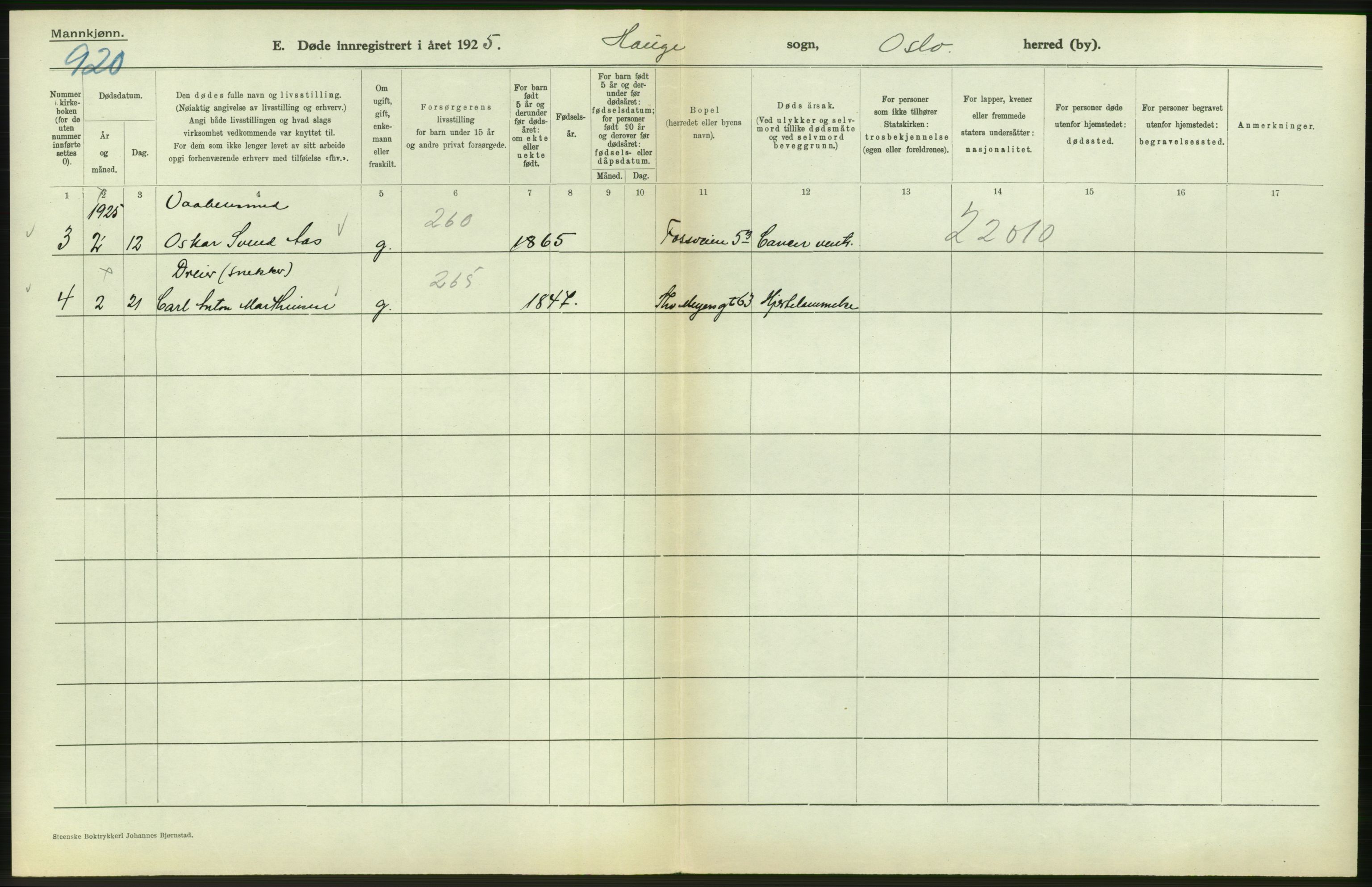 Statistisk sentralbyrå, Sosiodemografiske emner, Befolkning, AV/RA-S-2228/D/Df/Dfc/Dfce/L0009: Oslo: Døde menn, 1925, s. 396