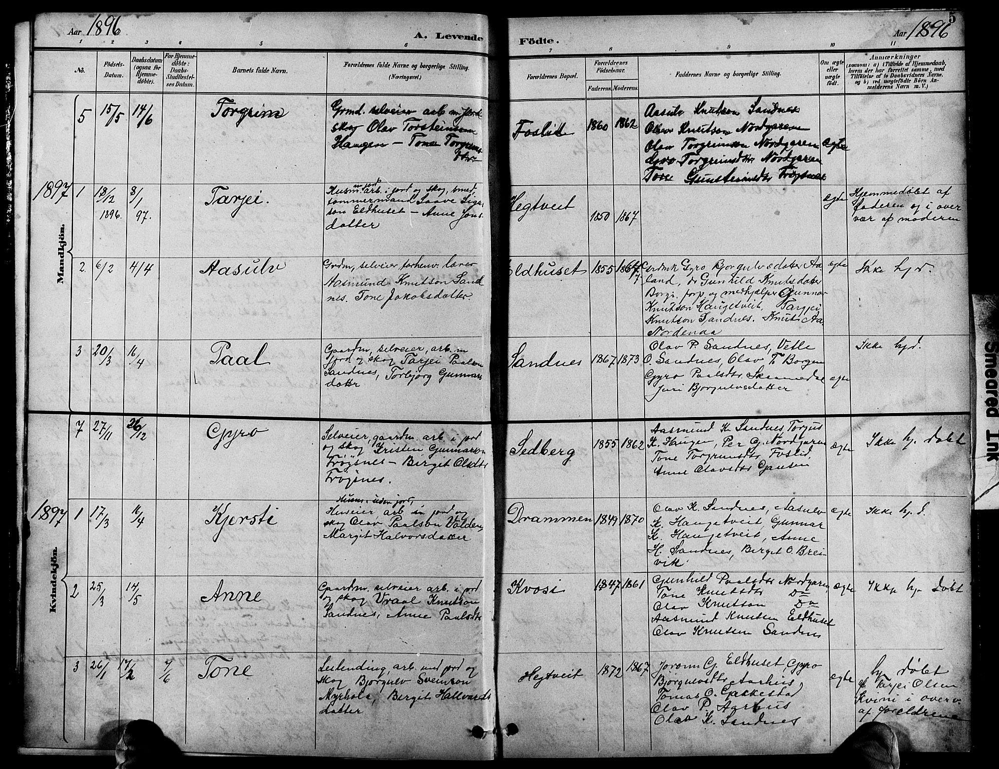 Bygland sokneprestkontor, AV/SAK-1111-0006/F/Fb/Fbc/L0002: Klokkerbok nr. B 2, 1895-1916, s. 5