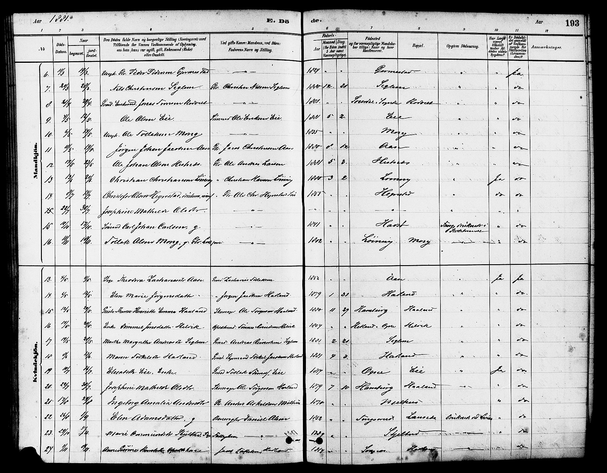 Eigersund sokneprestkontor, AV/SAST-A-101807/S08/L0017: Ministerialbok nr. A 14, 1879-1892, s. 193