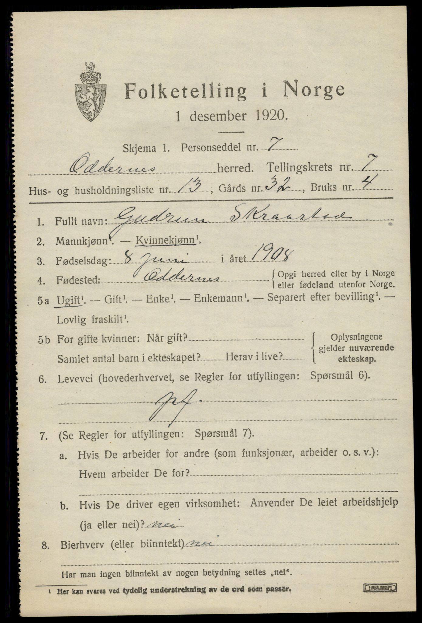 SAK, Folketelling 1920 for 1012 Oddernes herred, 1920, s. 5459