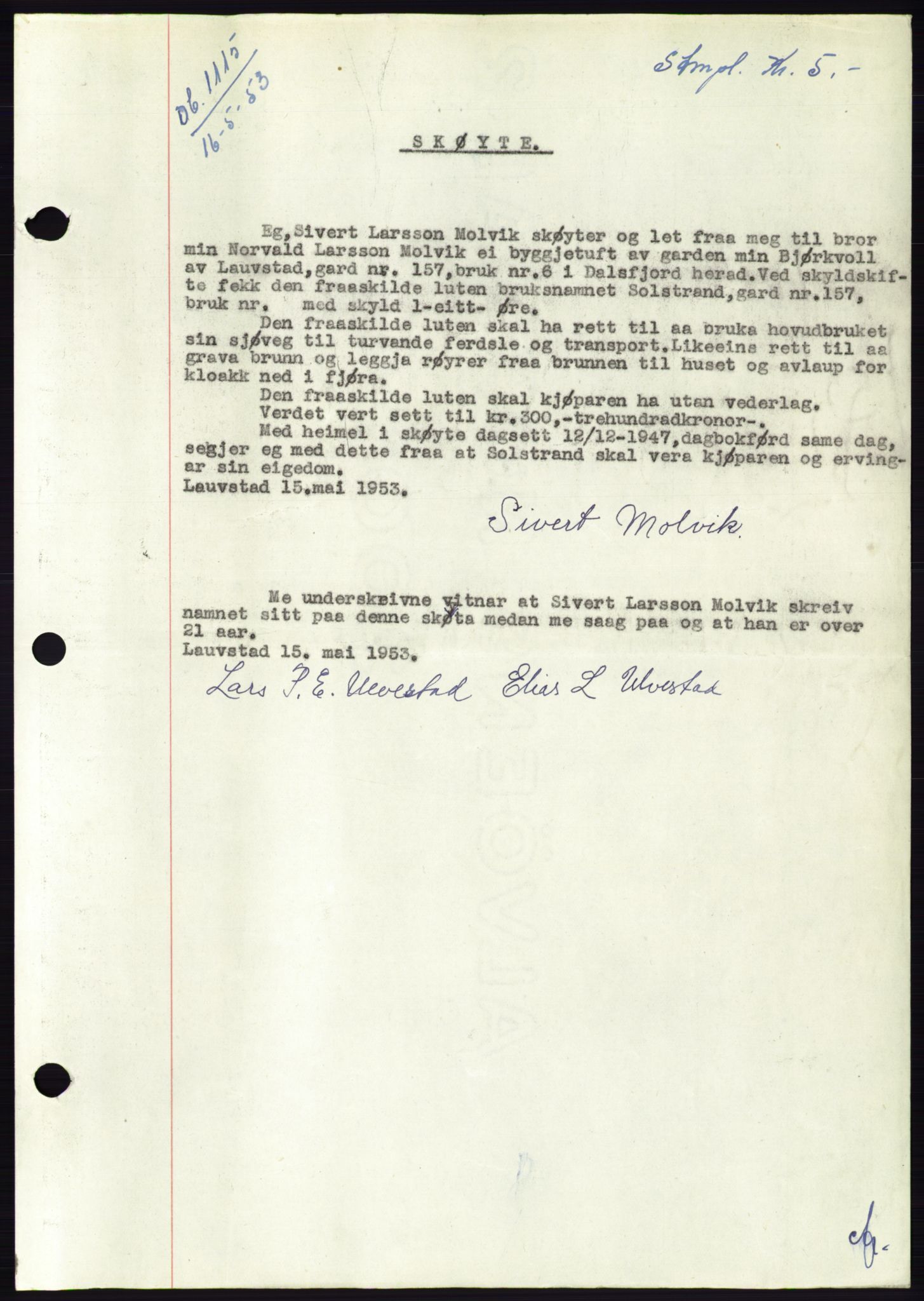 Søre Sunnmøre sorenskriveri, AV/SAT-A-4122/1/2/2C/L0095: Pantebok nr. 21A, 1953-1953, Dagboknr: 1115/1953