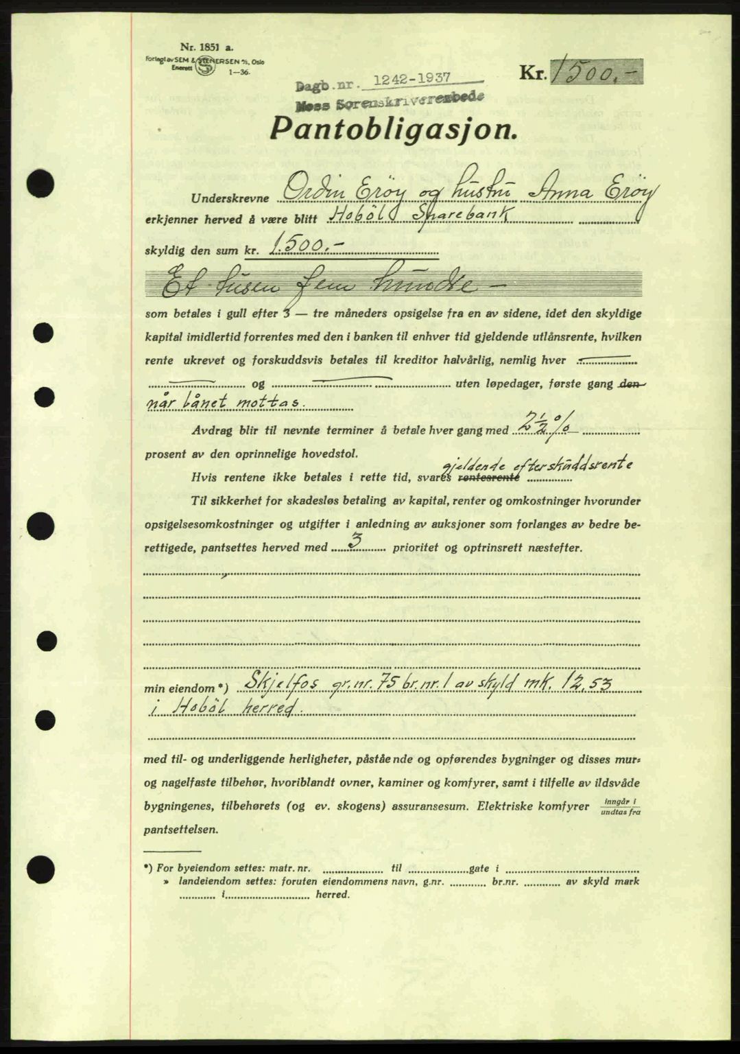 Moss sorenskriveri, SAO/A-10168: Pantebok nr. B3, 1937-1937, Dagboknr: 1242/1937
