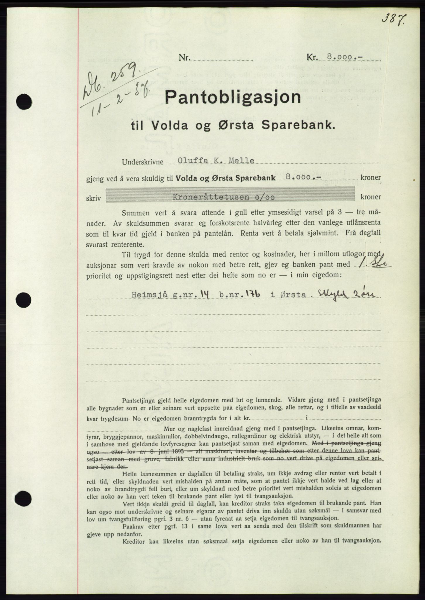 Søre Sunnmøre sorenskriveri, SAT/A-4122/1/2/2C/L0062: Pantebok nr. 56, 1936-1937, Dagboknr: 259/1937