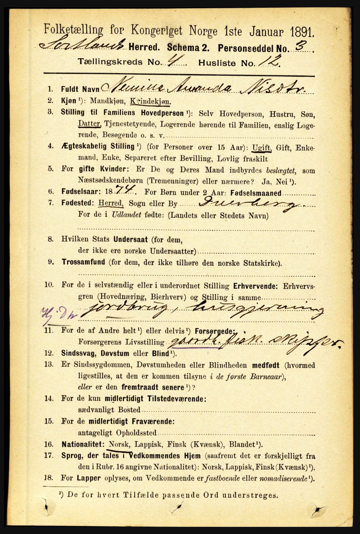 RA, Folketelling 1891 for 1870 Sortland herred, 1891, s. 2793