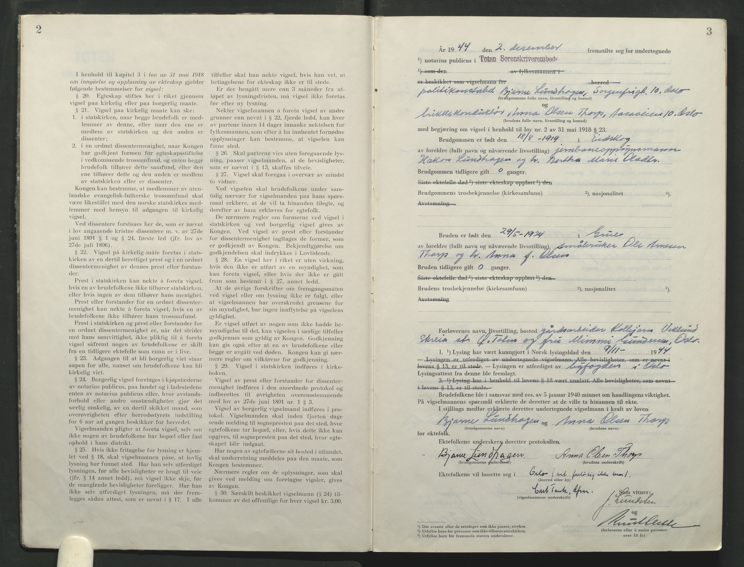 Toten tingrett, AV/SAH-TING-006/L/Lc/L0005: Vigselbok, 1944-1948, s. 2-3
