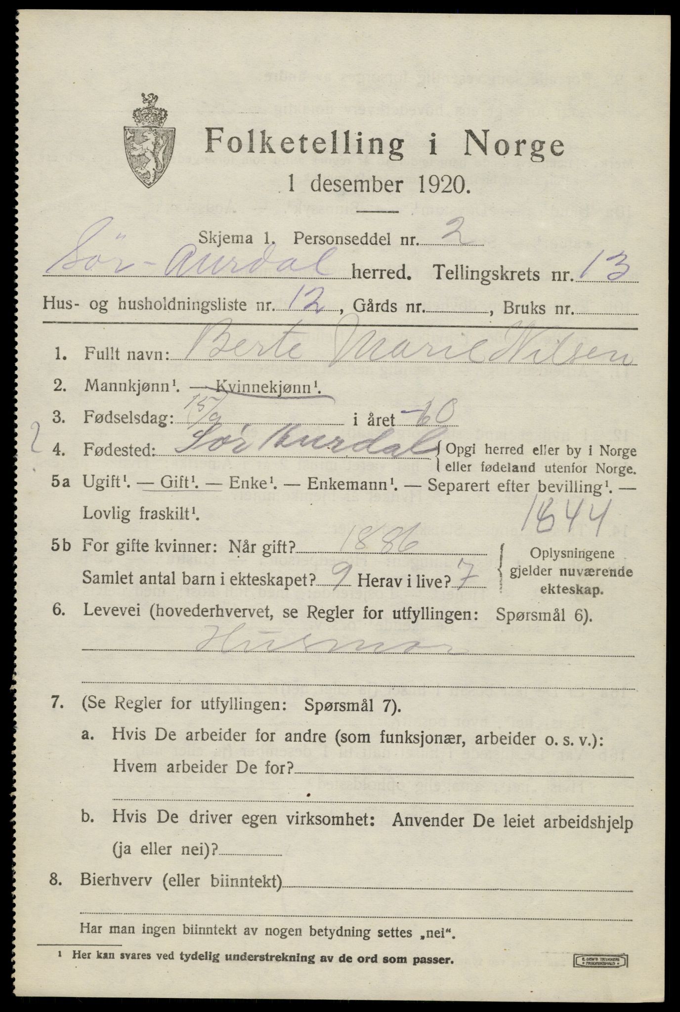 SAH, Folketelling 1920 for 0540 Sør-Aurdal herred, 1920, s. 7815