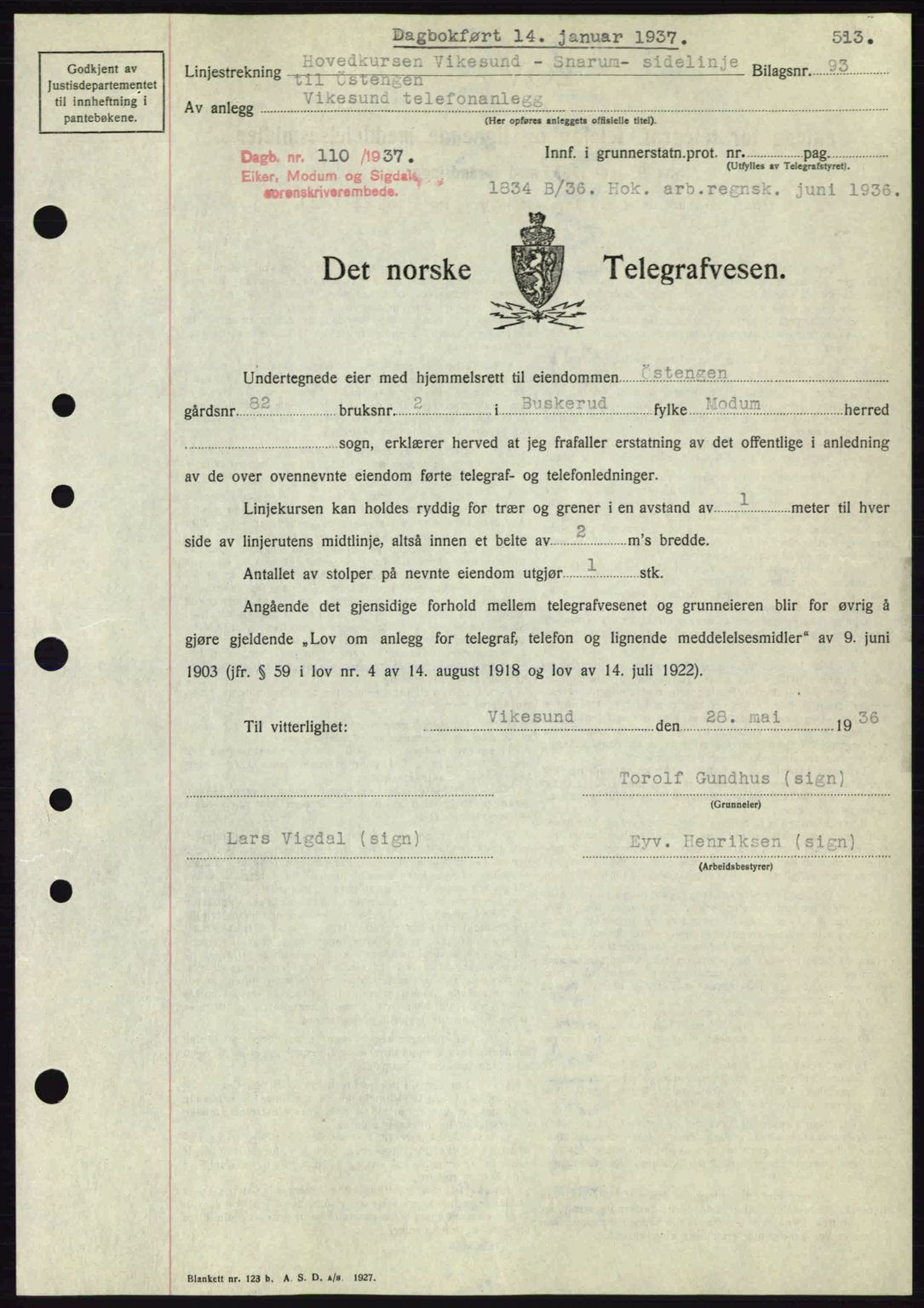 Eiker, Modum og Sigdal sorenskriveri, SAKO/A-123/G/Ga/Gab/L0034: Pantebok nr. A4, 1936-1937, Dagboknr: 110/1937