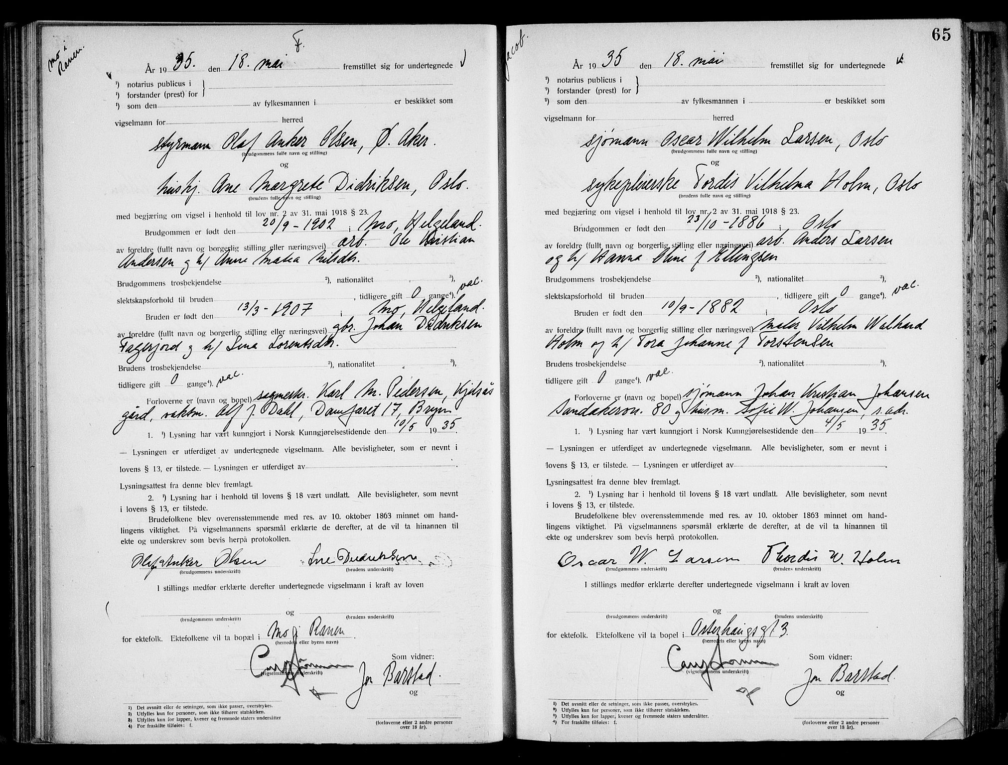 Oslo byfogd avd. I, AV/SAO-A-10220/L/Lb/Lbb/L0025: Notarialprotokoll, rekke II: Vigsler, 1935-1936, s. 64b-65a