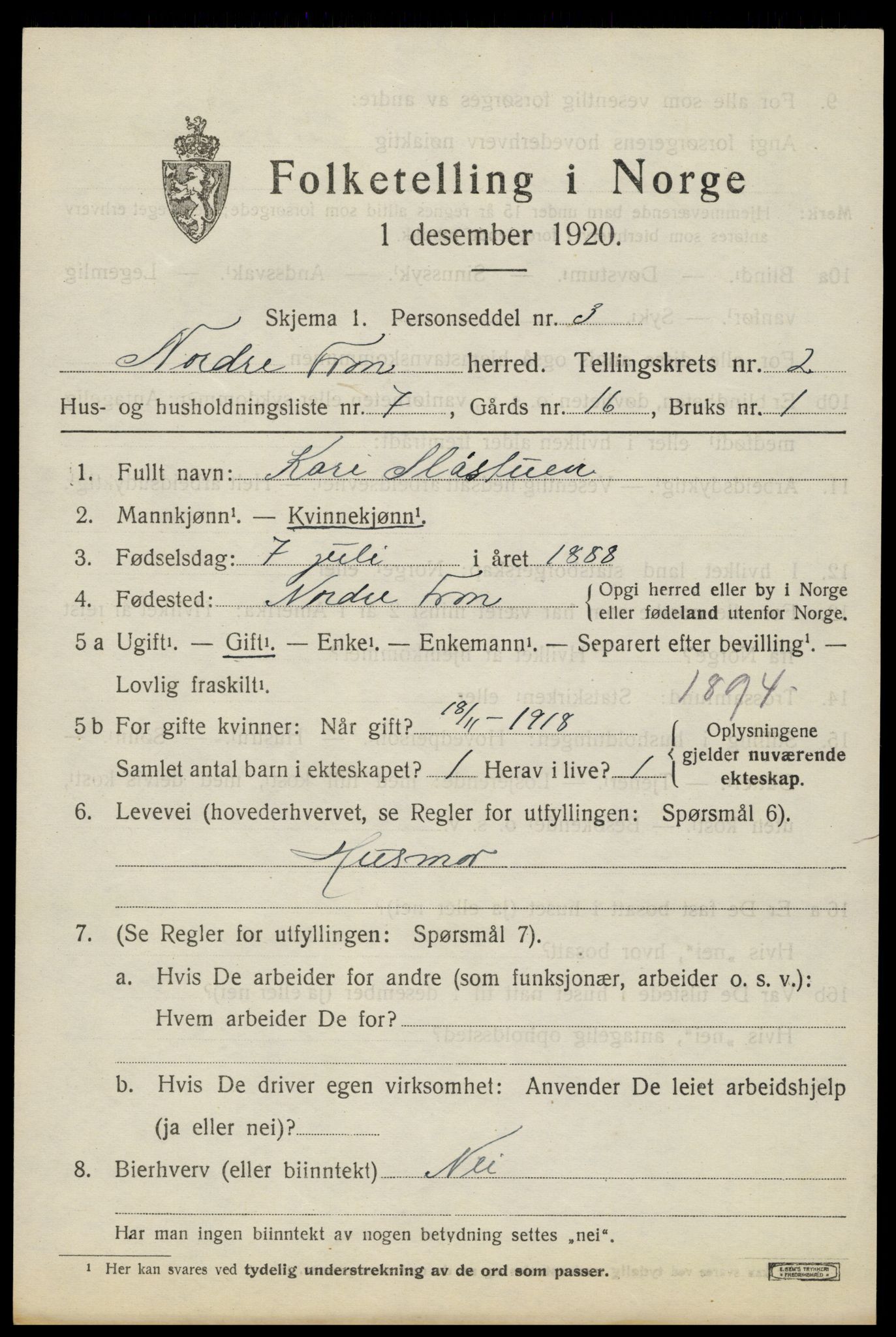 SAH, Folketelling 1920 for 0518 Nord-Fron herred, 1920, s. 2726