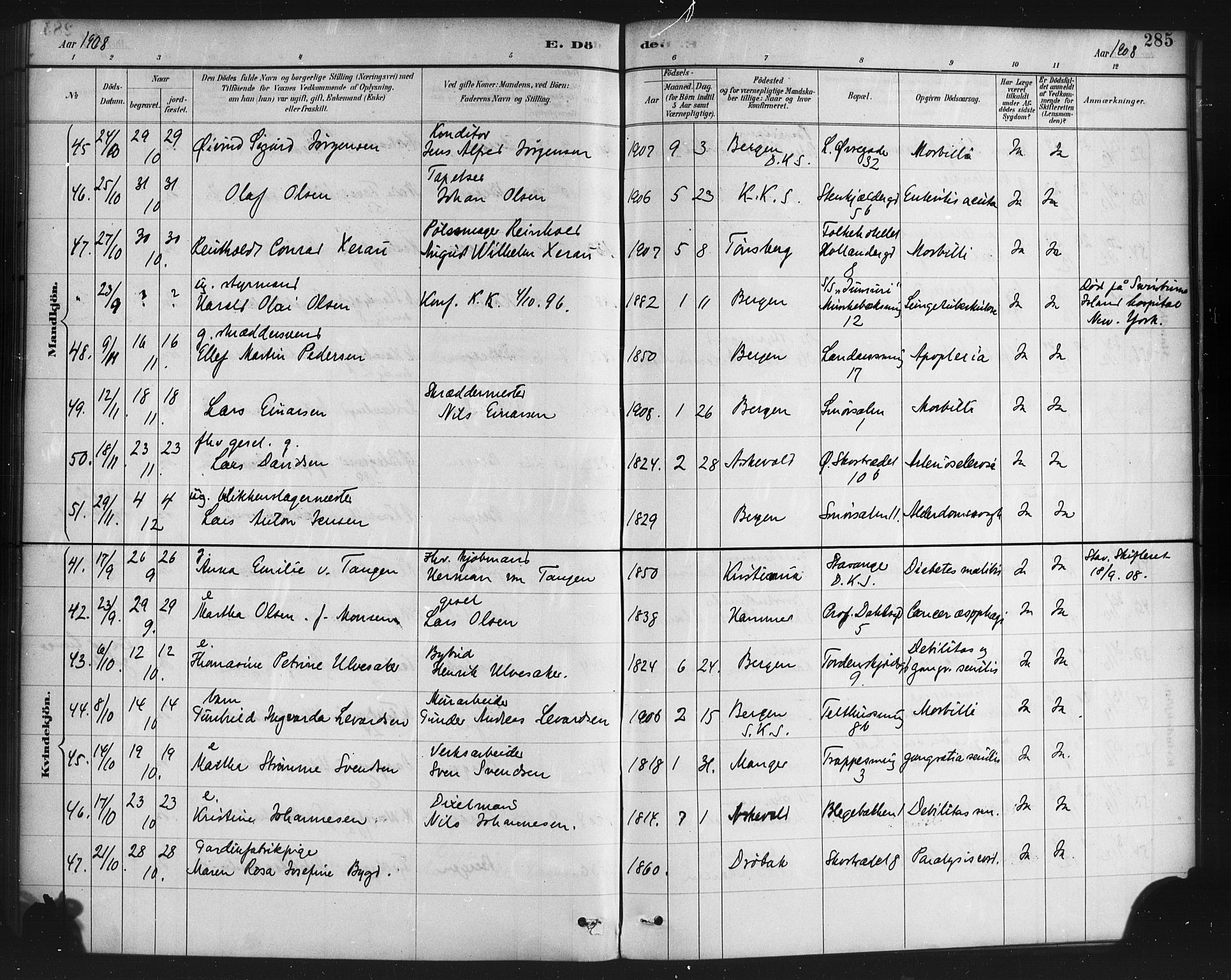 Korskirken sokneprestembete, AV/SAB-A-76101/H/Haa/L0047: Ministerialbok nr. E 5, 1884-1910, s. 285