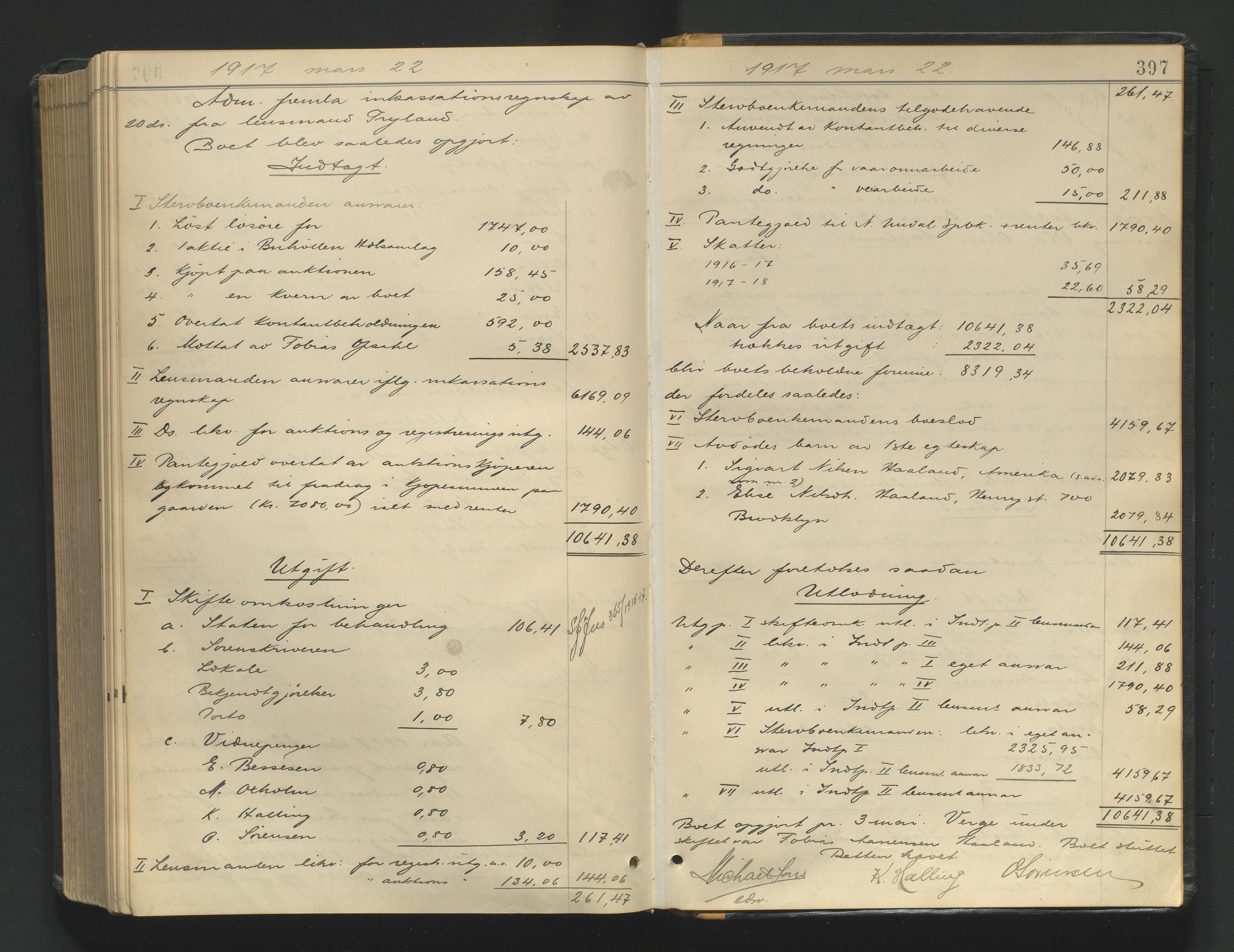 Mandal sorenskriveri, SAK/1221-0005/001/H/Hc/L0098: Skifteutlodningsprotokoll nr 7, 1910-1917, s. 397