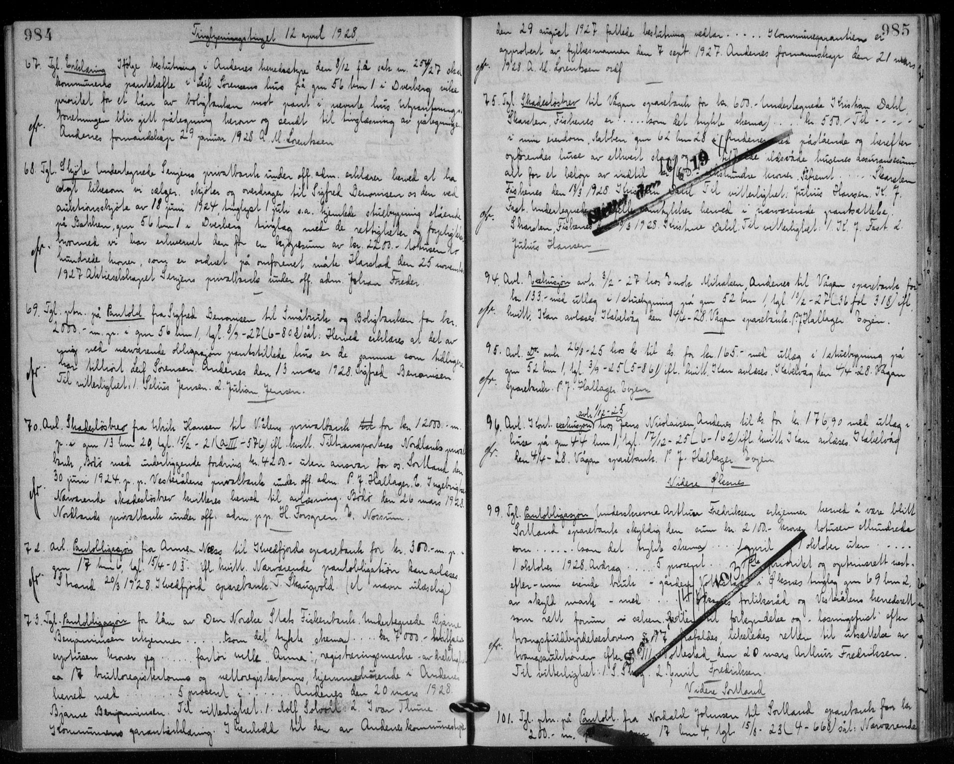 Vesterålen sorenskriveri, SAT/A-4180/1/2/2Ca/L0041: Pantebok nr. 6, 1925-1928, s. 984-985, Tingl.dato: 12.04.1928
