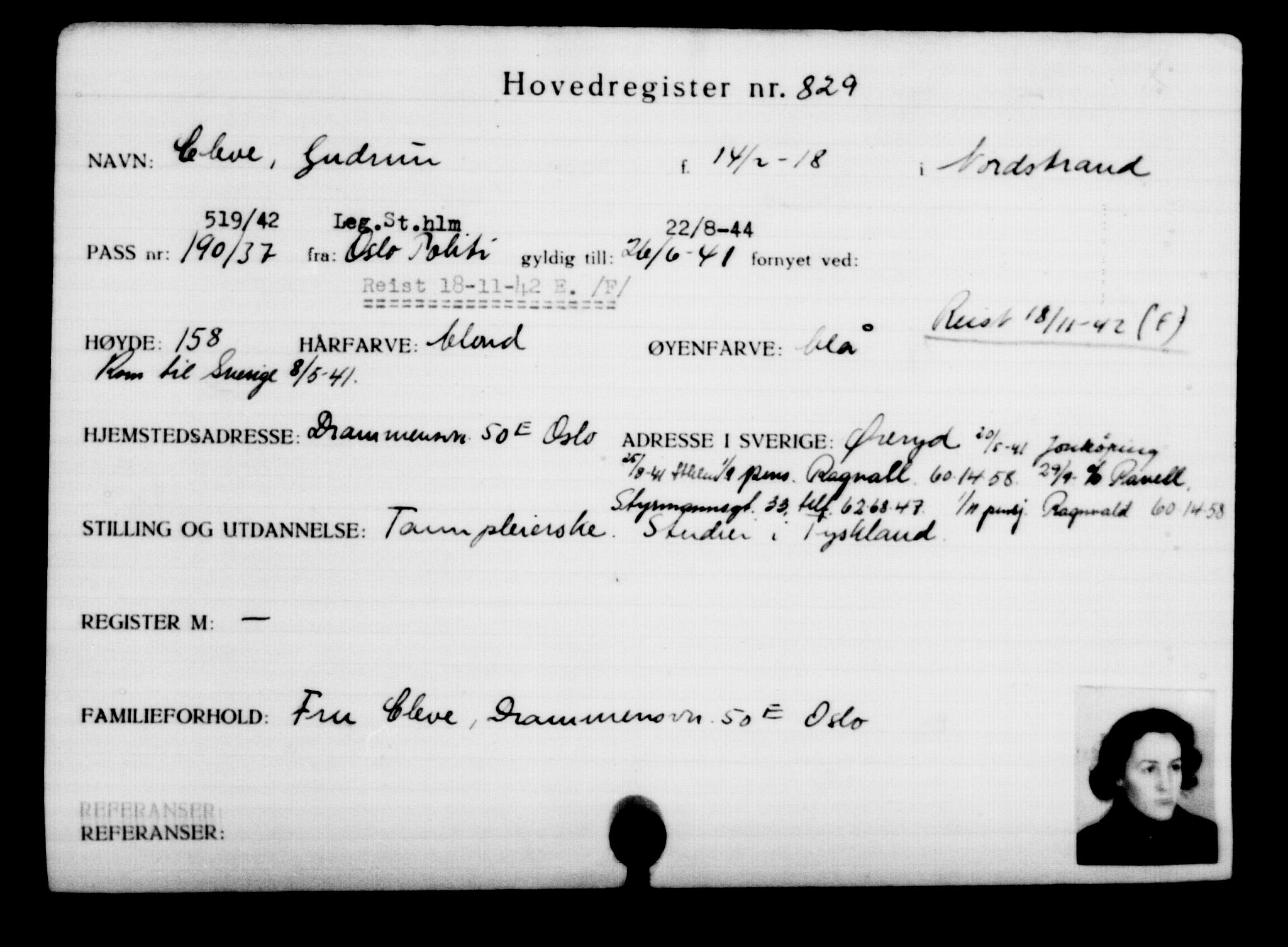 Utenriksstasjonene, Legasjonen i Stockholm, Flyktningkontoret, AV/RA-S-6753/V/Va/L0001: Kjesäterkartoteket, flyktninger med registreringsnr. 1-1000, 1940-1945, s. 1313