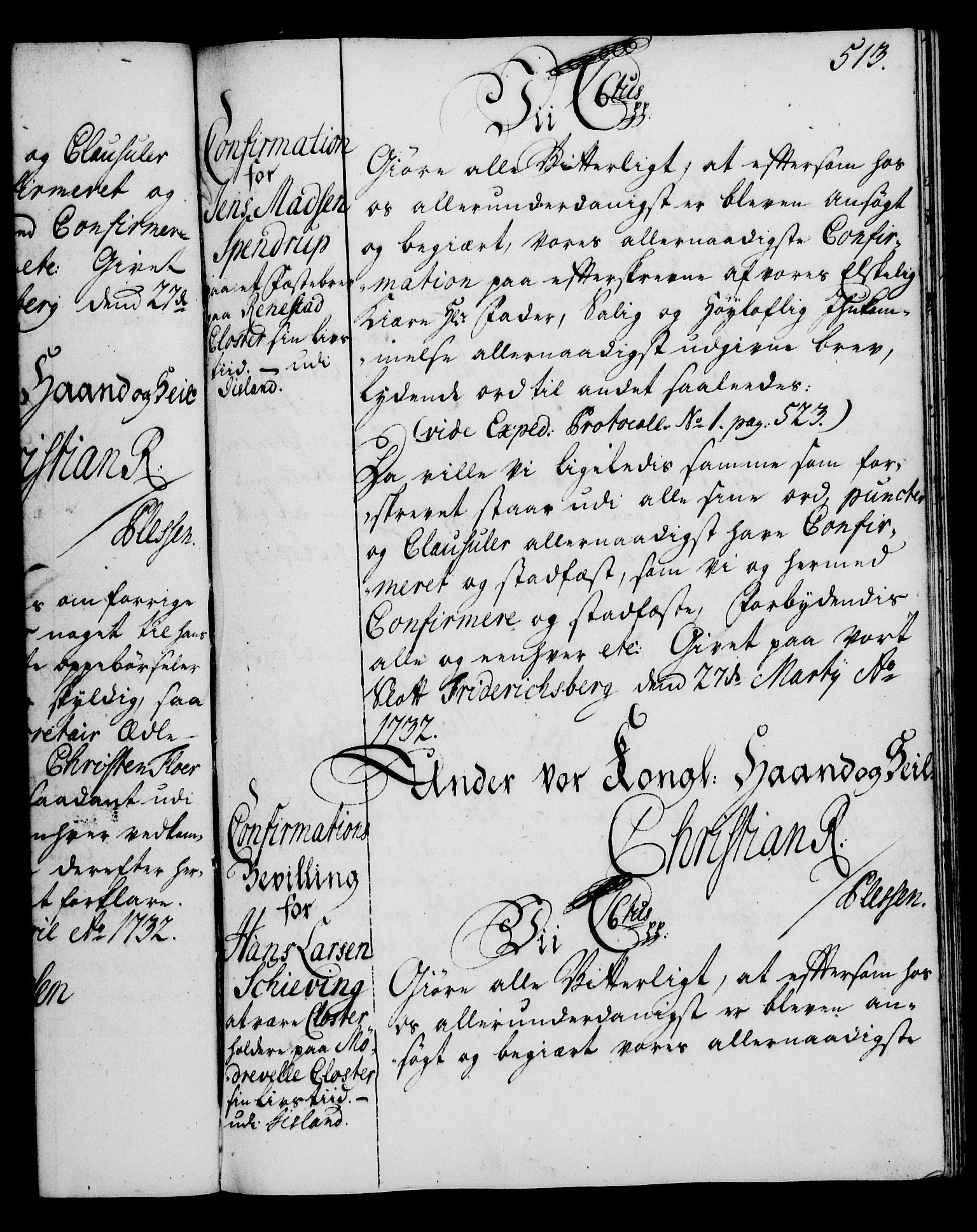 Rentekammeret, Kammerkanselliet, RA/EA-3111/G/Gg/Gga/L0003: Norsk ekspedisjonsprotokoll med register (merket RK 53.3), 1727-1734, s. 513