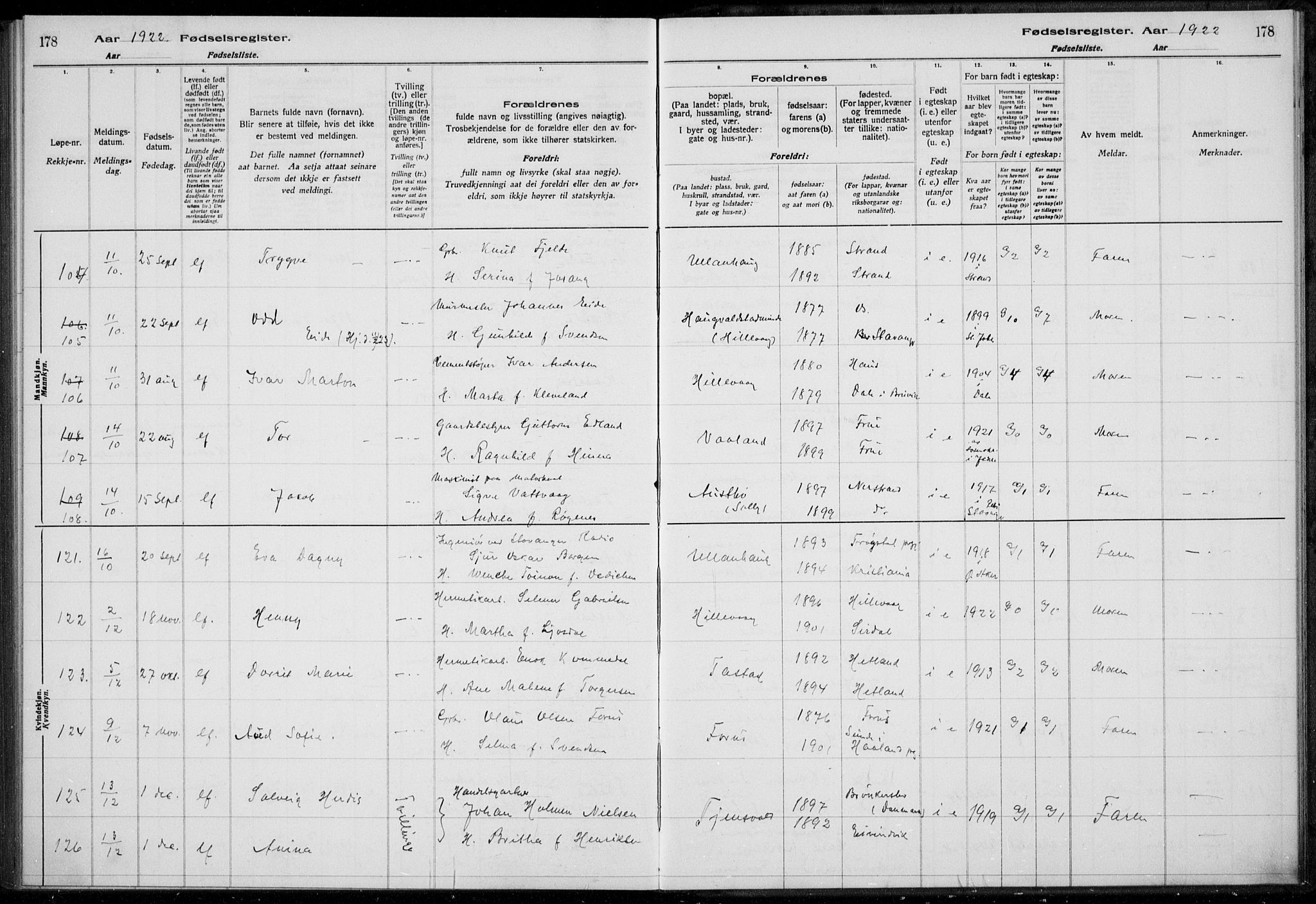 Hetland sokneprestkontor, AV/SAST-A-101826/70/704BA/L0003: Fødselsregister nr. 1, 1916-1923, s. 178