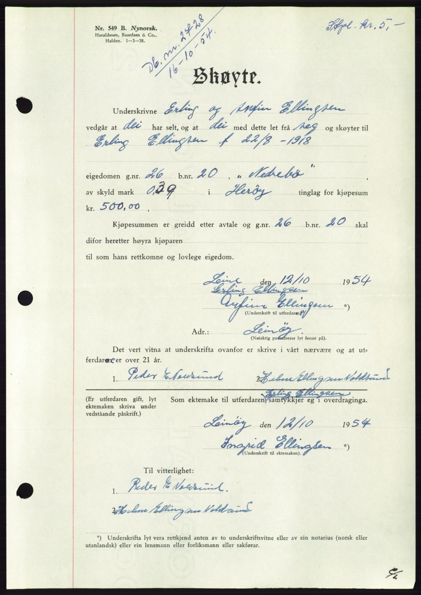 Søre Sunnmøre sorenskriveri, AV/SAT-A-4122/1/2/2C/L0099: Pantebok nr. 25A, 1954-1954, Dagboknr: 2728/1954