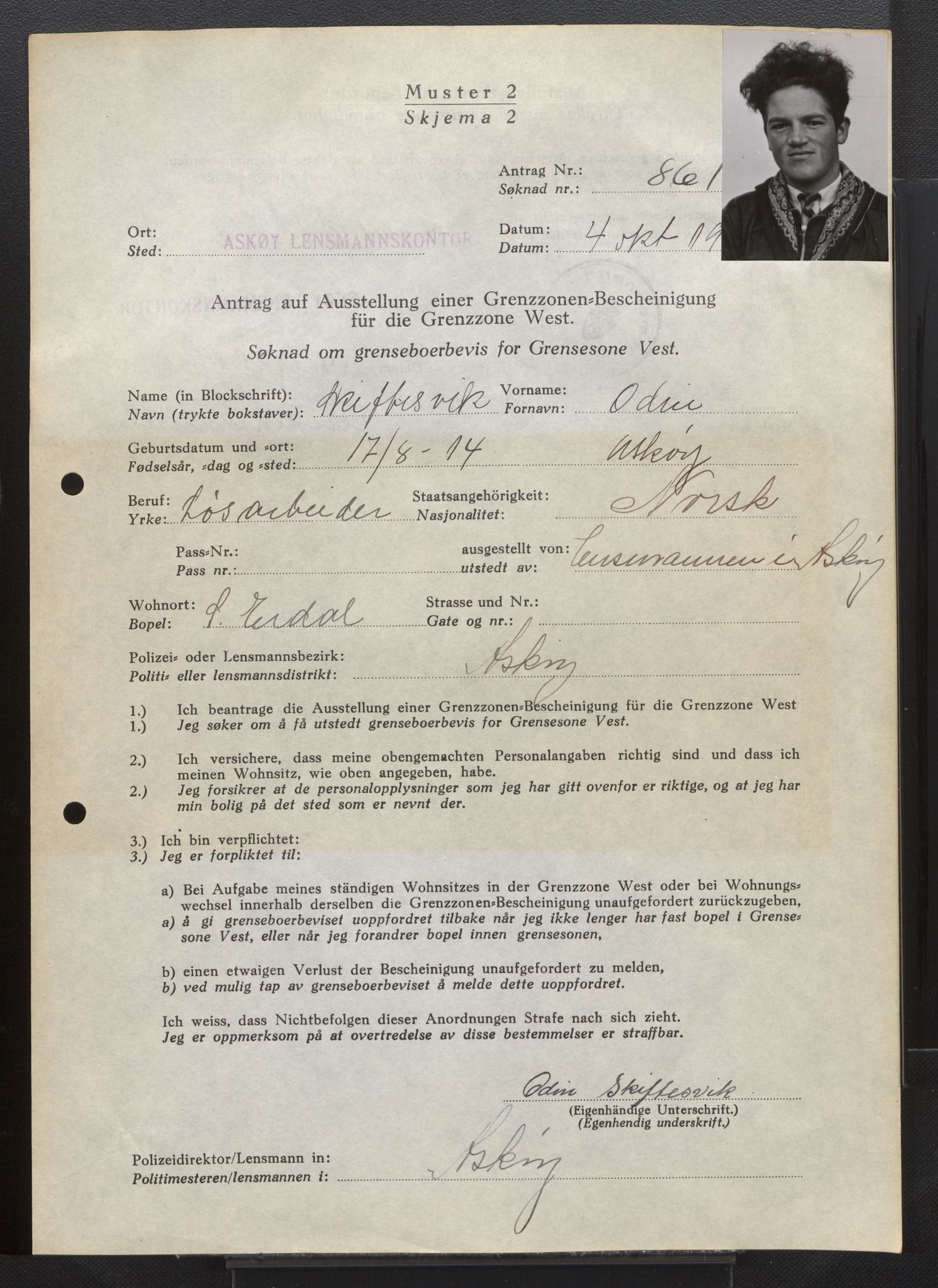 Lensmannen i Askøy, AV/SAB-A-31001/0026/L0005: Søknader om grensebuarbevis 851 - 1275, 1940, s. 21