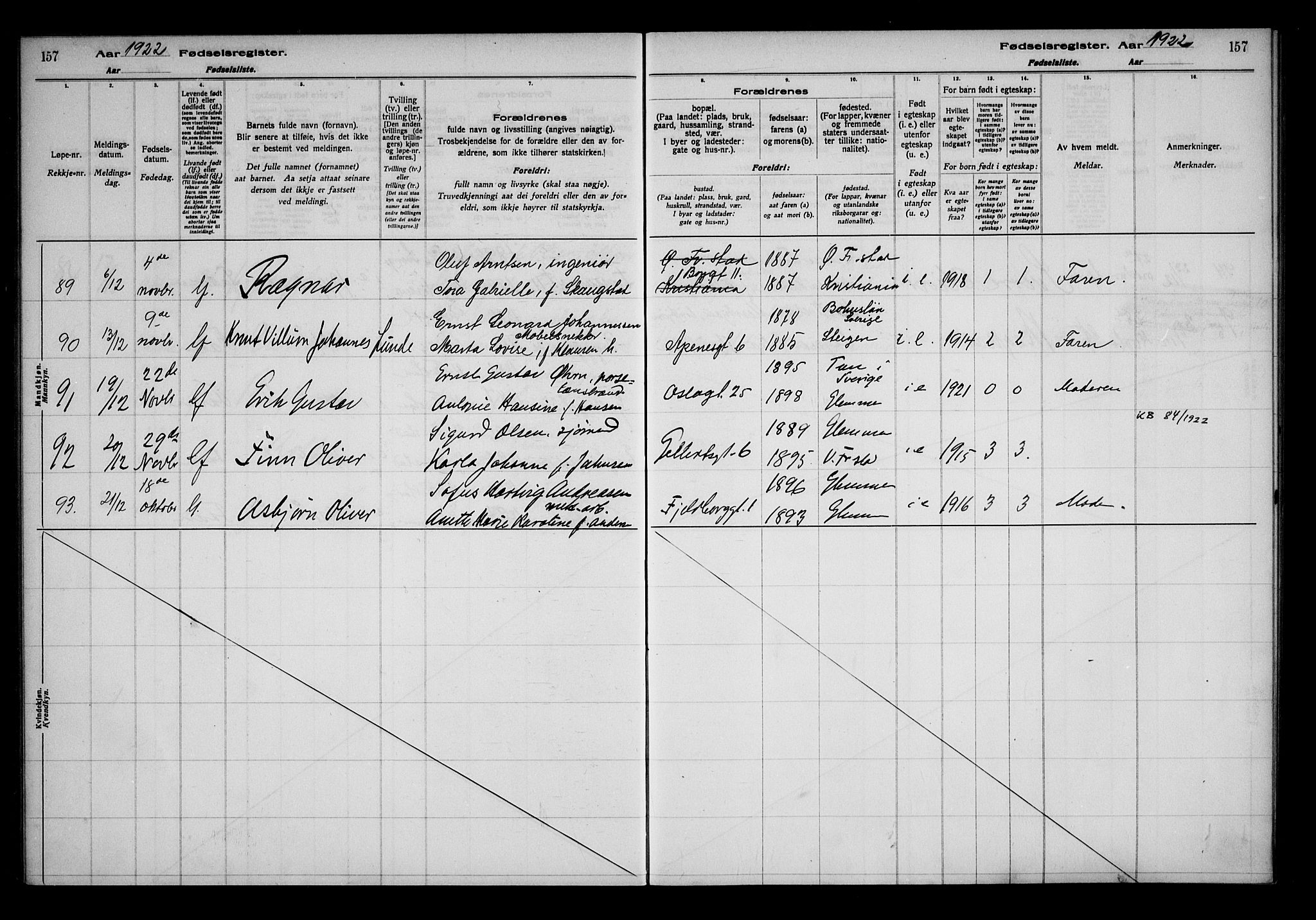 Fredrikstad domkirkes prestekontor Kirkebøker, AV/SAO-A-10906/J/*Ja/L0001: Fødselsregister nr. 1, 1916-1925, s. 157