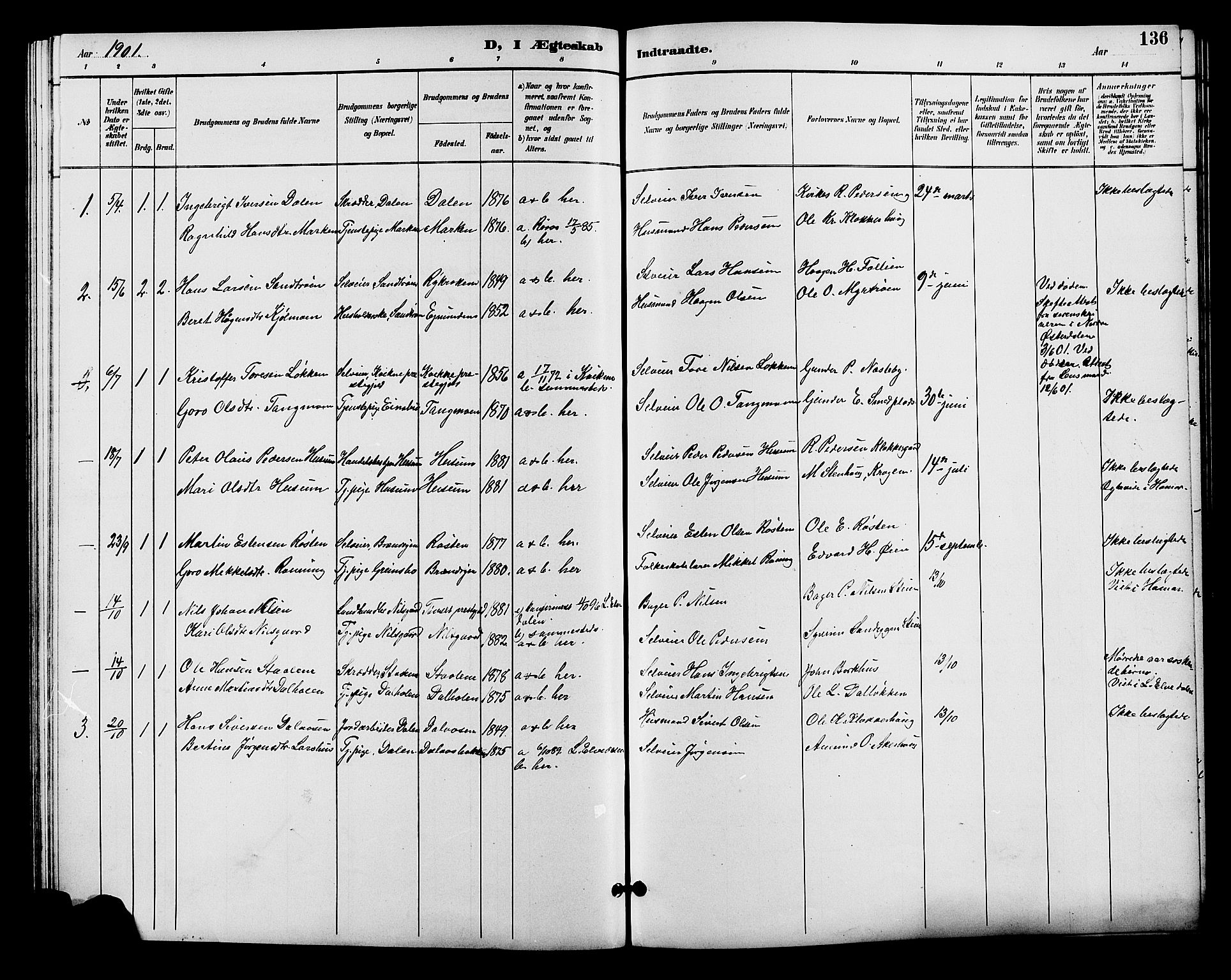 Alvdal prestekontor, AV/SAH-PREST-060/H/Ha/Hab/L0004: Klokkerbok nr. 4, 1894-1910, s. 136
