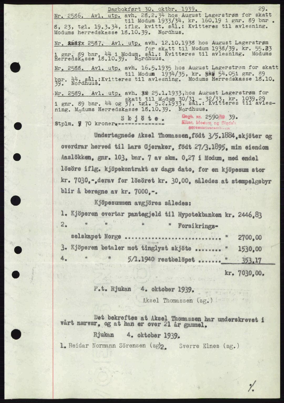 Eiker, Modum og Sigdal sorenskriveri, SAKO/A-123/G/Ga/Gab/L0041: Pantebok nr. A11, 1939-1940, Dagboknr: 2586/1939