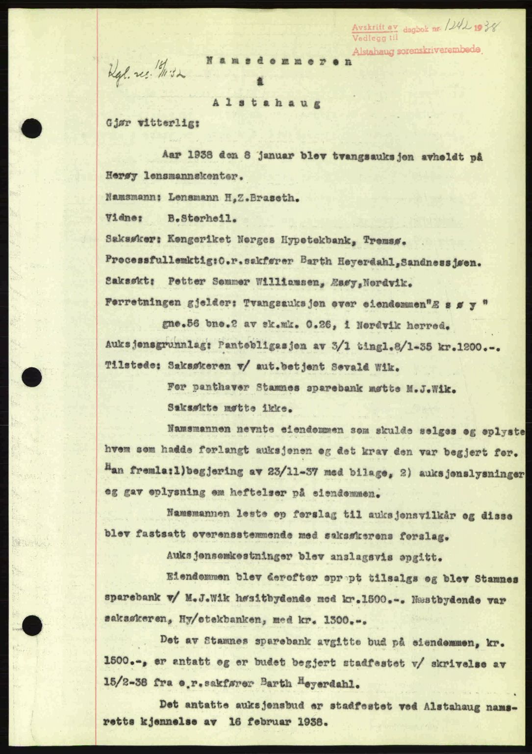 Alstahaug sorenskriveri, SAT/A-1009: Pantebok nr. A3, 1937-1938, Dagboknr: 1242/1938