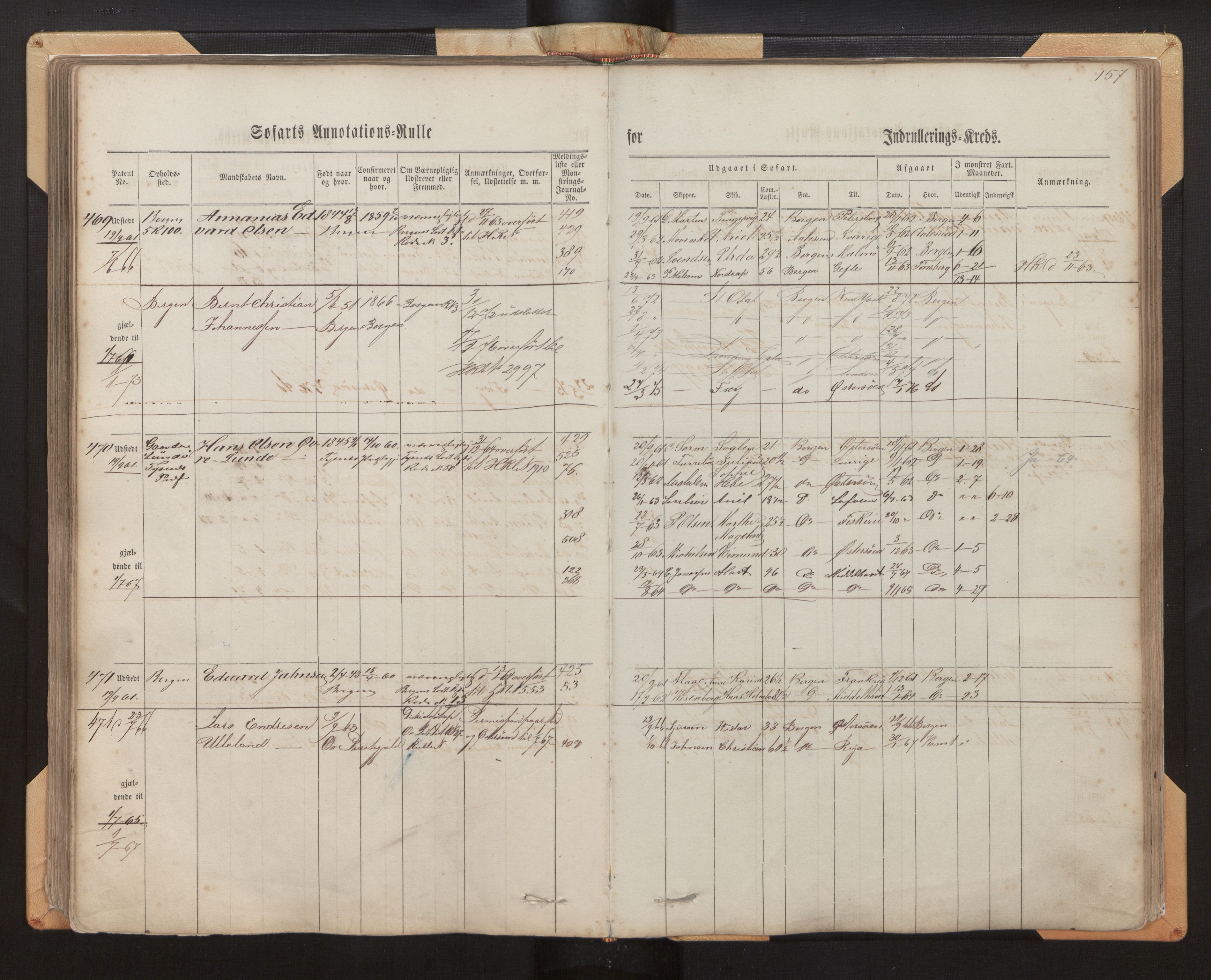 Innrulleringssjefen i Bergen, AV/SAB-A-100050/F/Fh/L0005: Sjøfarts- og annotasjonsrulle for Bergen krets, fol. 1 - 238, 1860-1867, s. 157