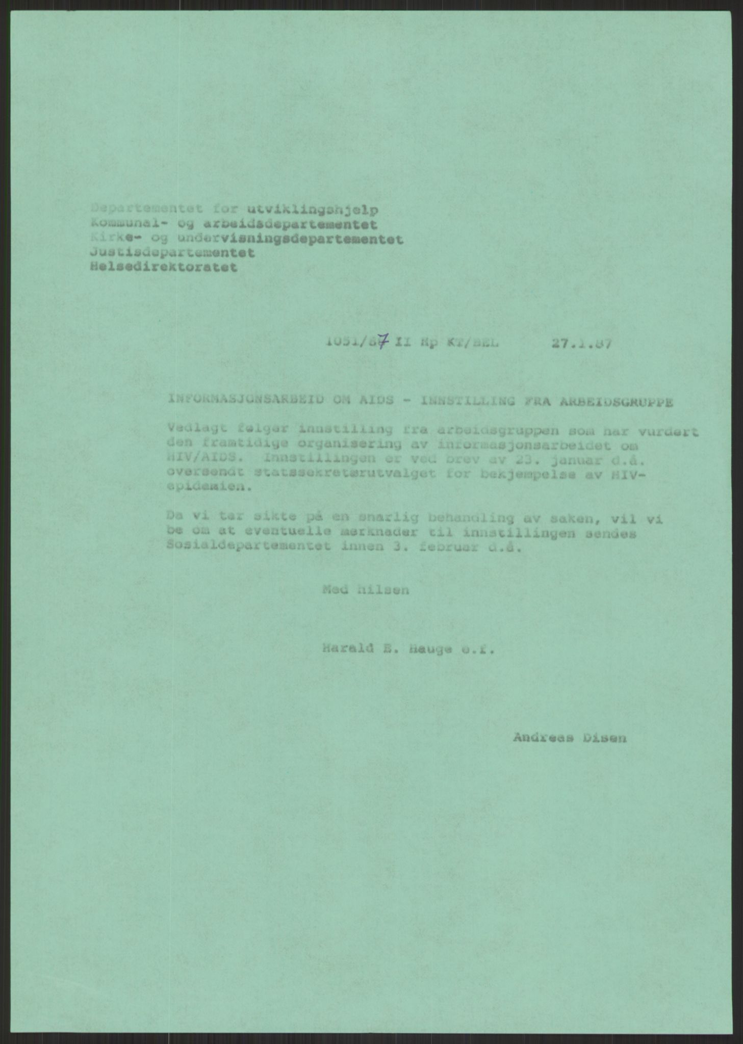 Sosialdepartementet, Administrasjons-, trygde-, plan- og helseavdelingen, AV/RA-S-6179/D/L2240/0003: -- / 619 Diverse. HIV/AIDS, 1986-1987, s. 289