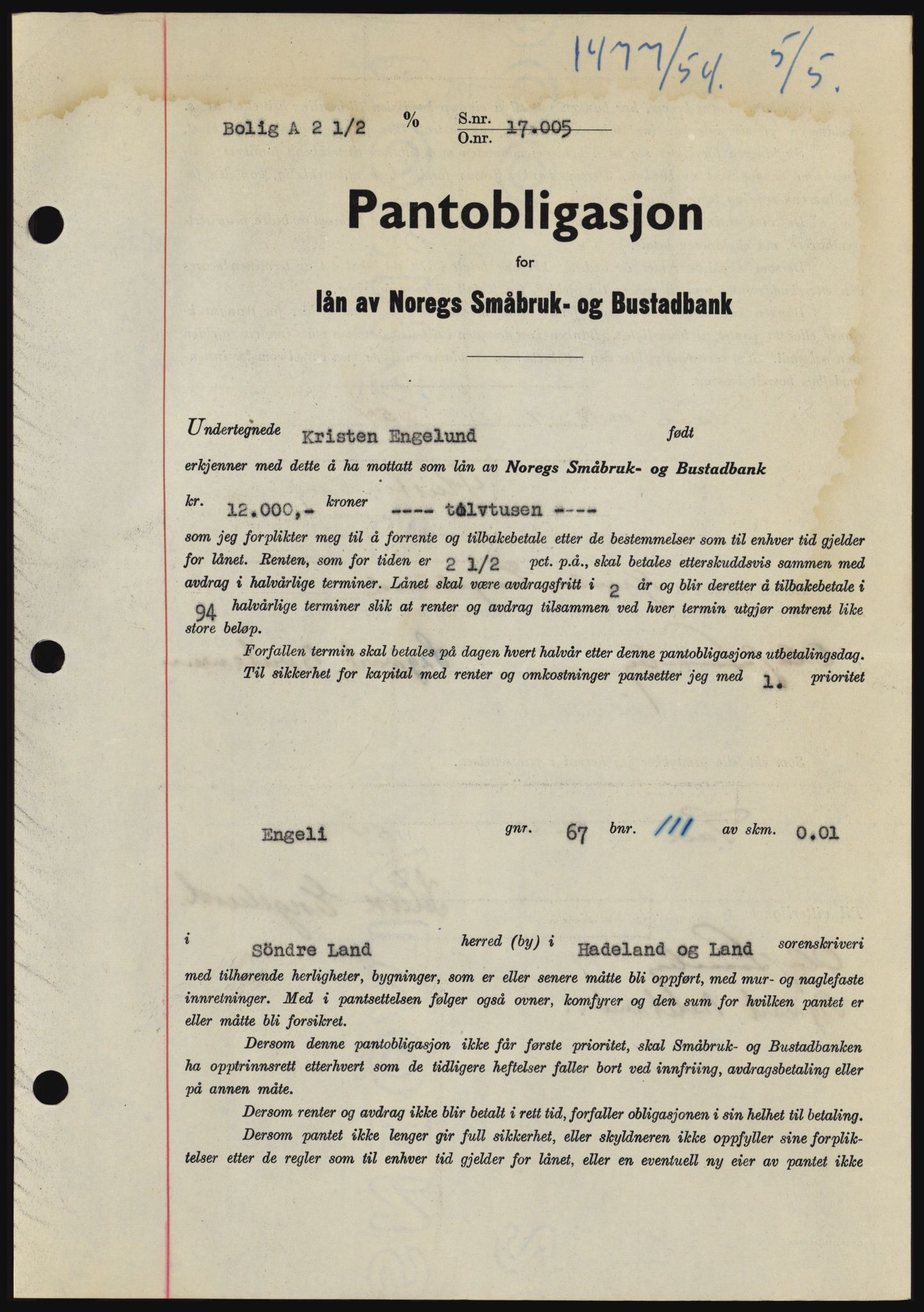 Hadeland og Land tingrett, SAH/TING-010/H/Hb/Hbc/L0029: Pantebok nr. B29, 1954-1954, Dagboknr: 1477/1954