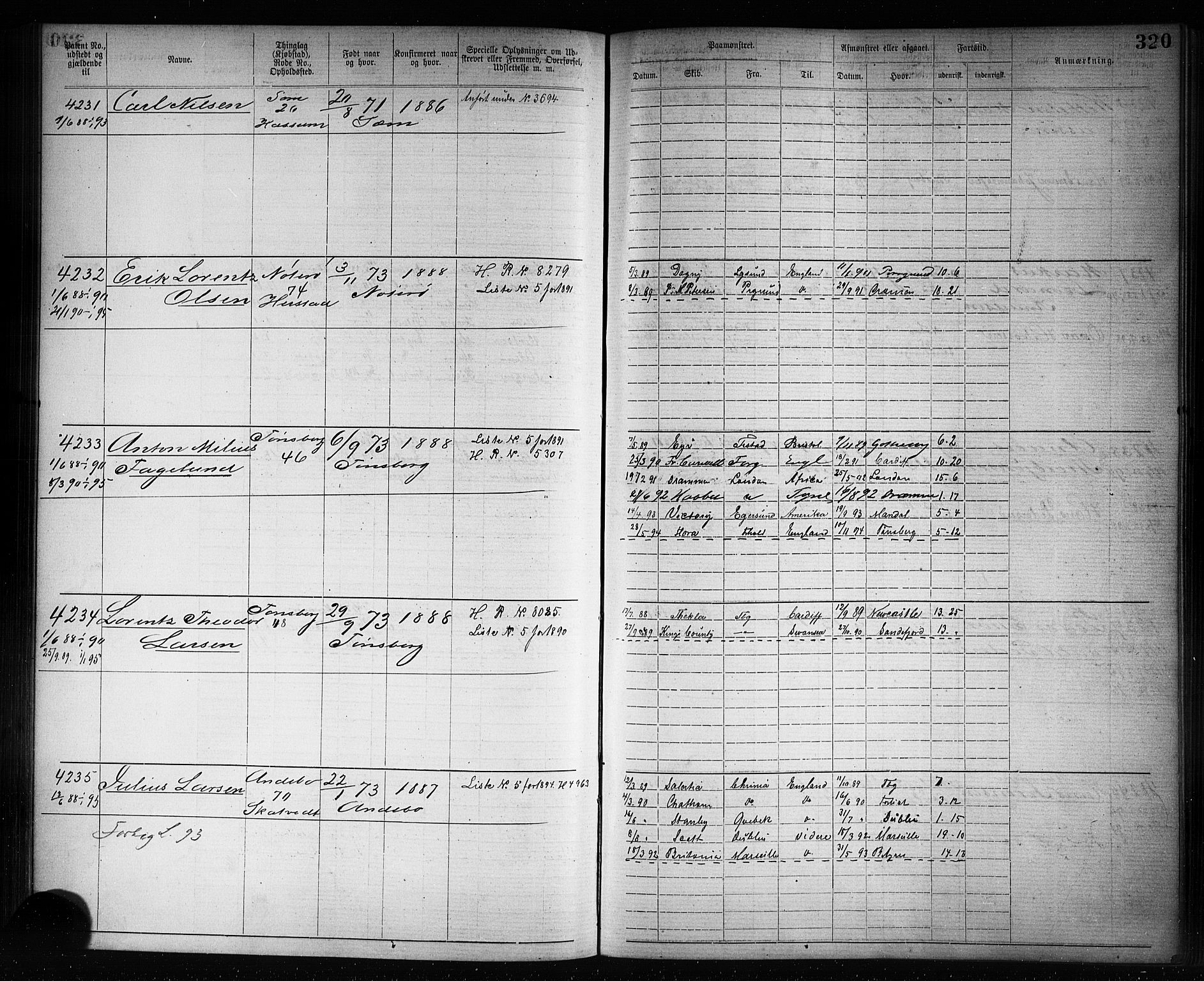 Tønsberg innrulleringskontor, AV/SAKO-A-786/F/Fb/L0007: Annotasjonsrulle Patent nr. 2636-5150, 1881-1892, s. 321