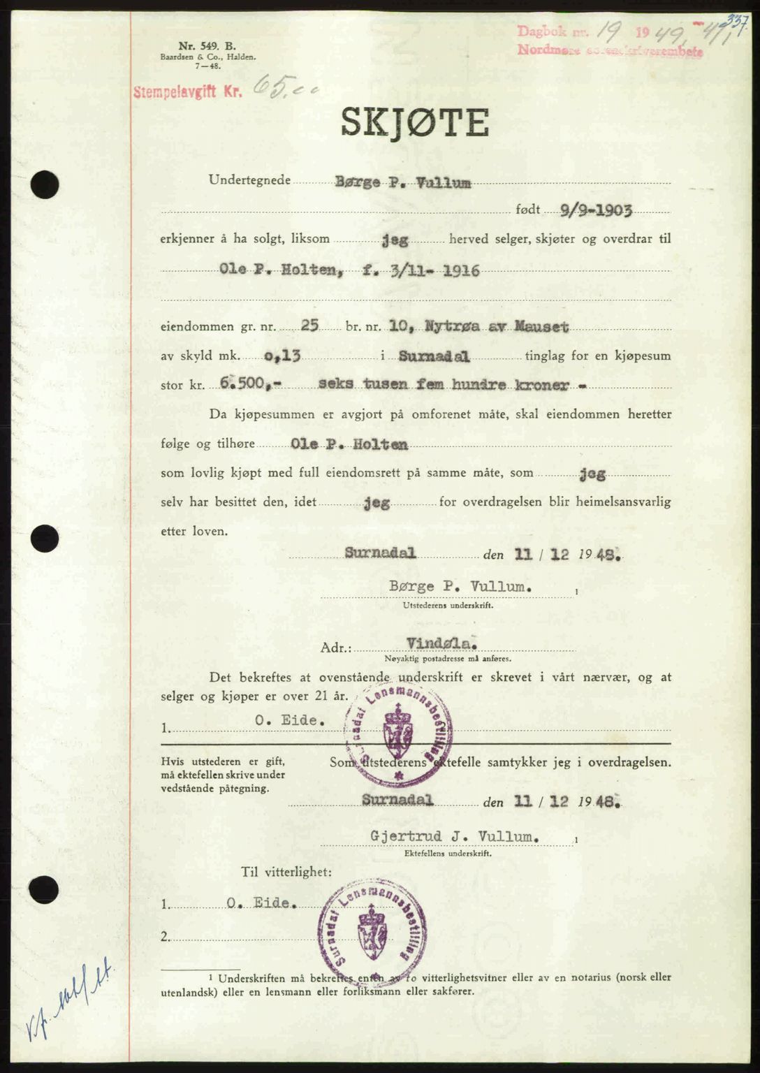 Nordmøre sorenskriveri, SAT/A-4132/1/2/2Ca: Pantebok nr. A110, 1948-1949, Dagboknr: 19/1949