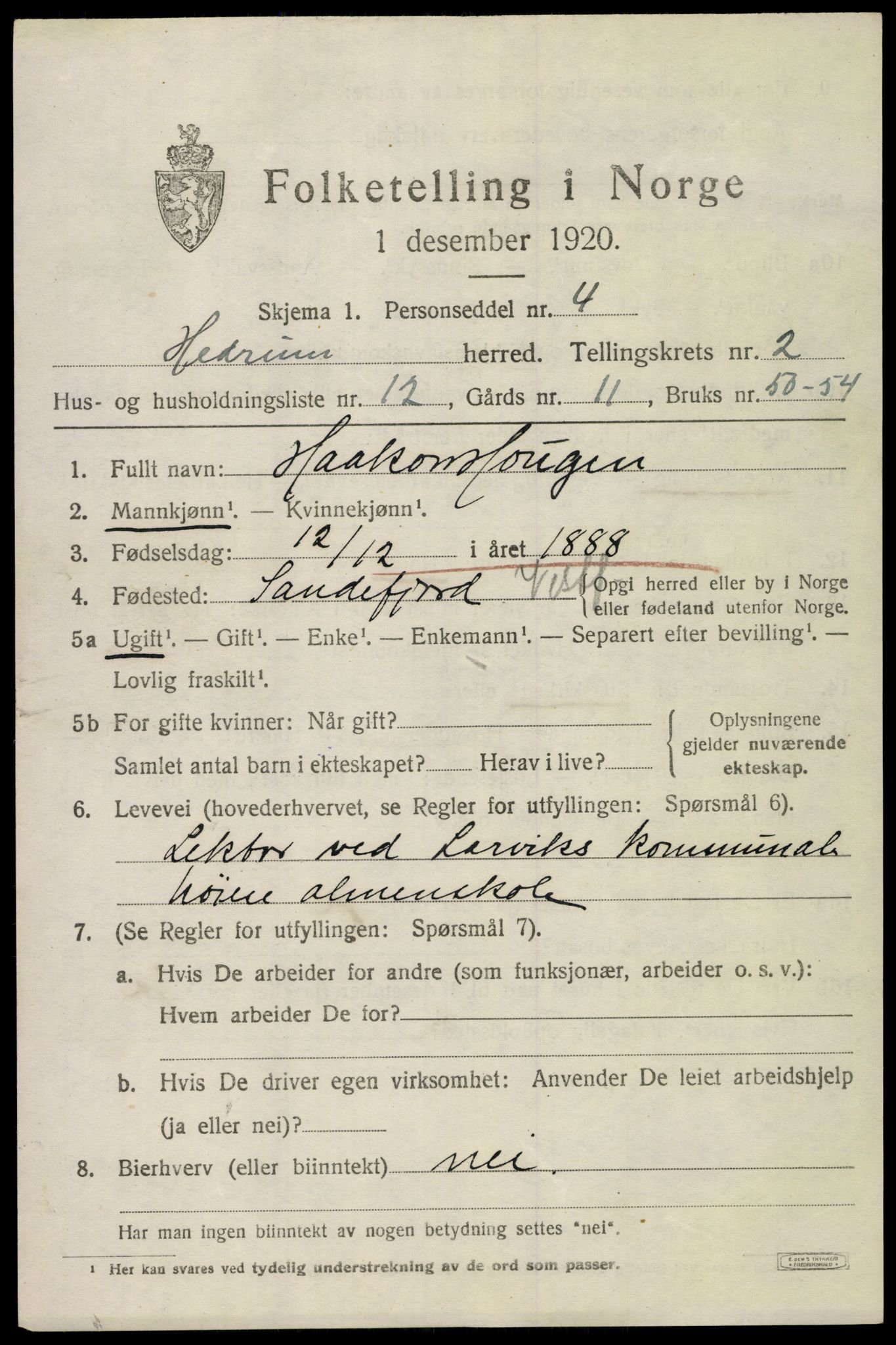 SAKO, Folketelling 1920 for 0727 Hedrum herred, 1920, s. 2549