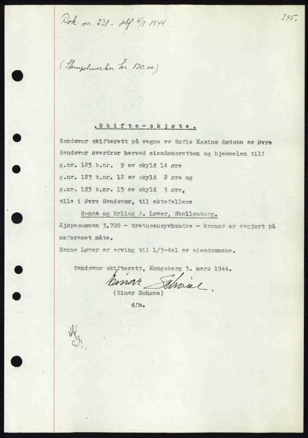 Numedal og Sandsvær sorenskriveri, SAKO/A-128/G/Ga/Gaa/L0055: Pantebok nr. A7, 1943-1944, Dagboknr: 238/1944