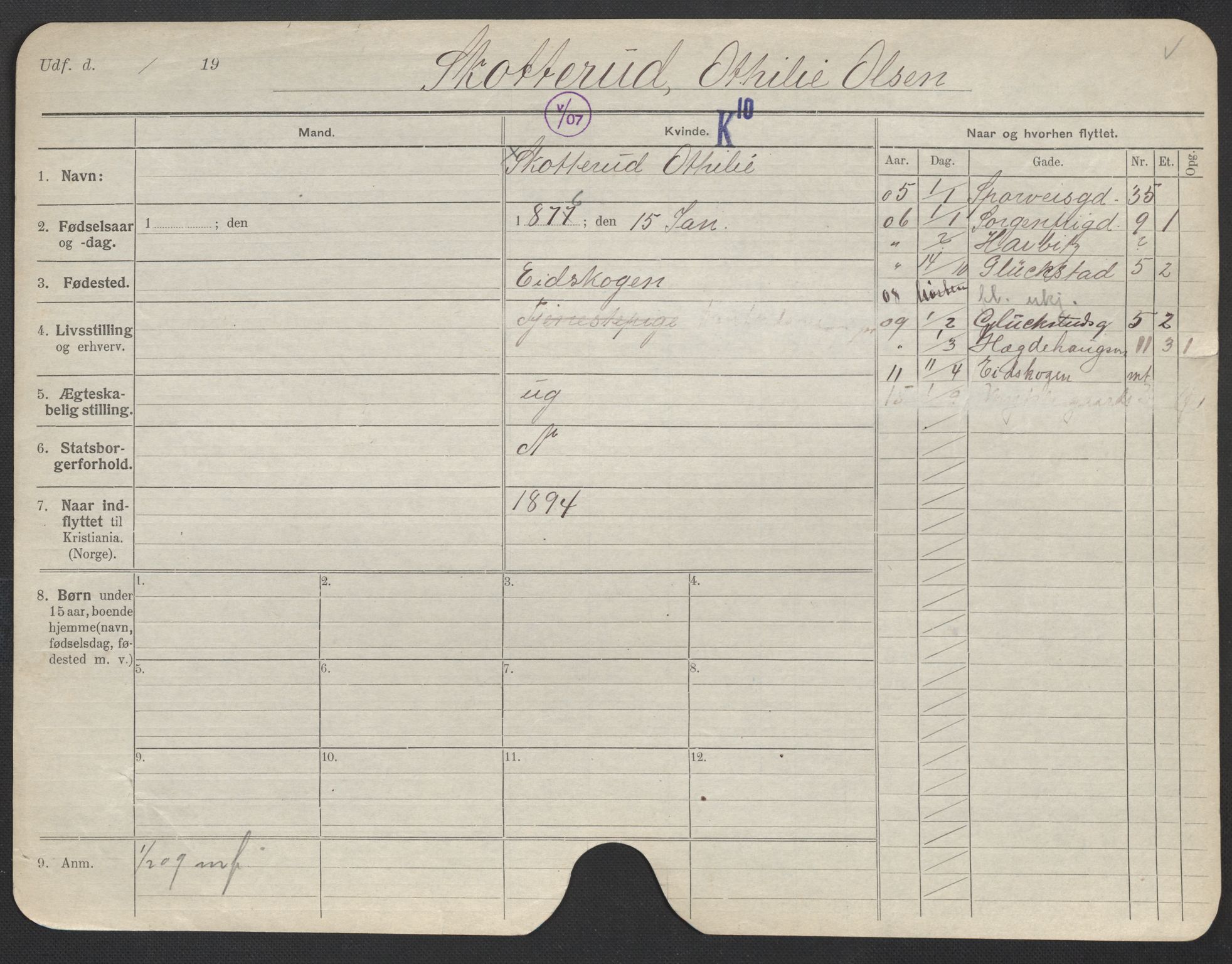 Oslo folkeregister, Registerkort, AV/SAO-A-11715/F/Fa/Fac/L0023: Kvinner, 1906-1914, s. 1100a