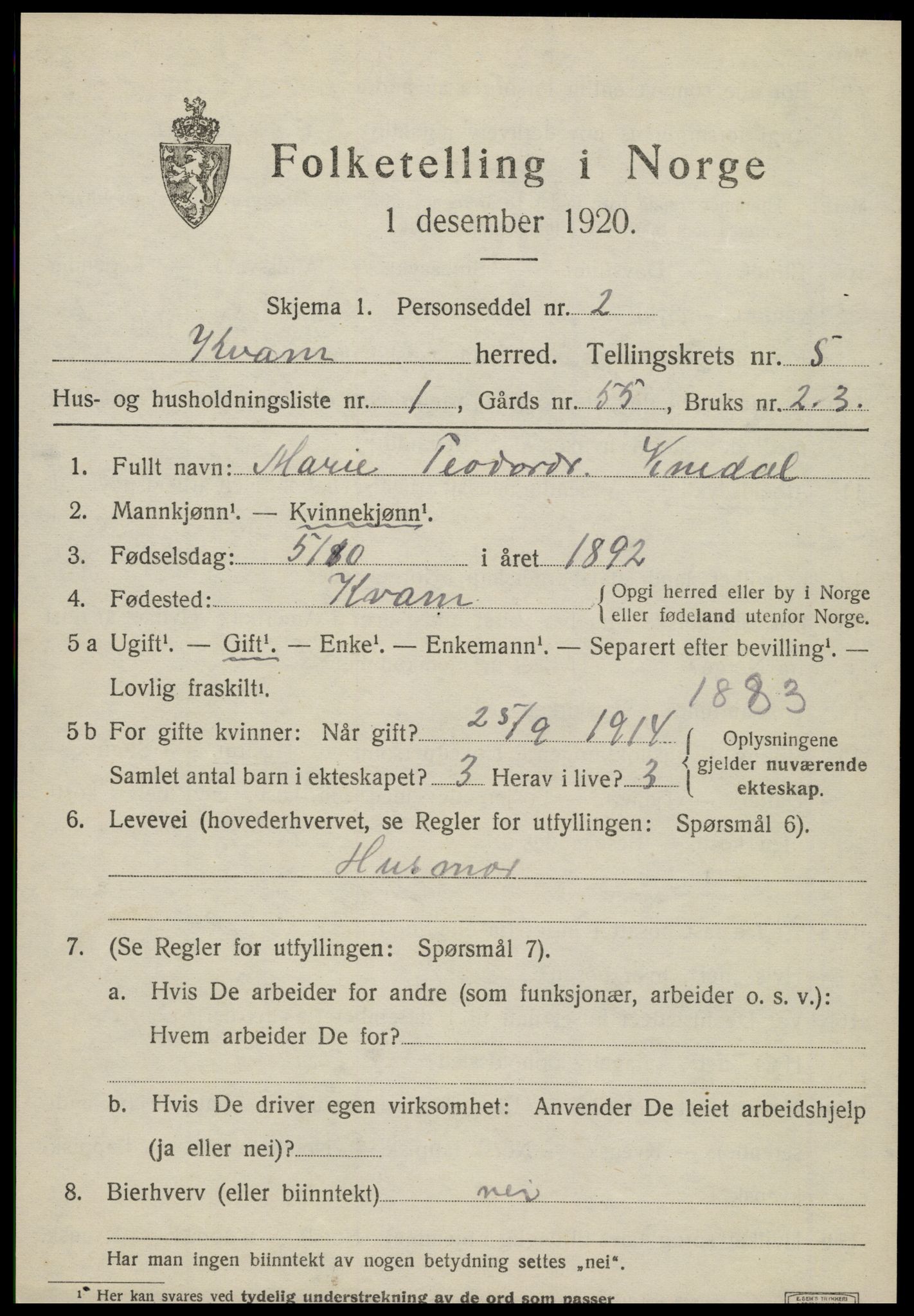 SAT, Folketelling 1920 for 1735 Kvam herred, 1920, s. 1397