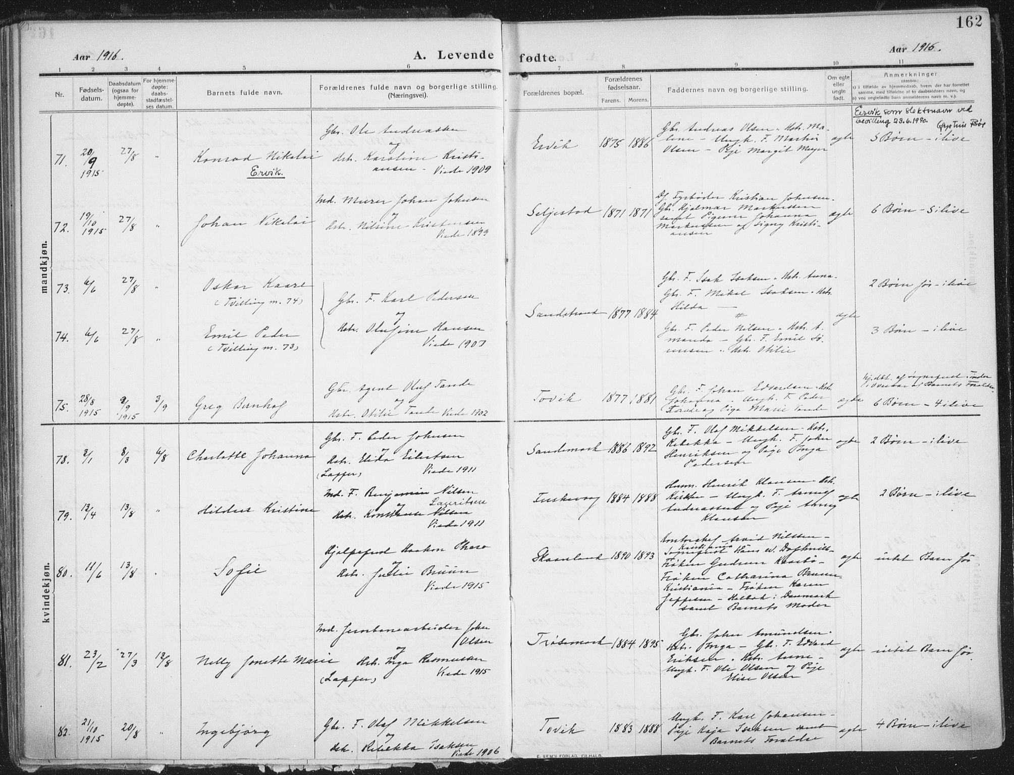 Trondenes sokneprestkontor, AV/SATØ-S-1319/H/Ha/L0018kirke: Ministerialbok nr. 18, 1909-1918, s. 162