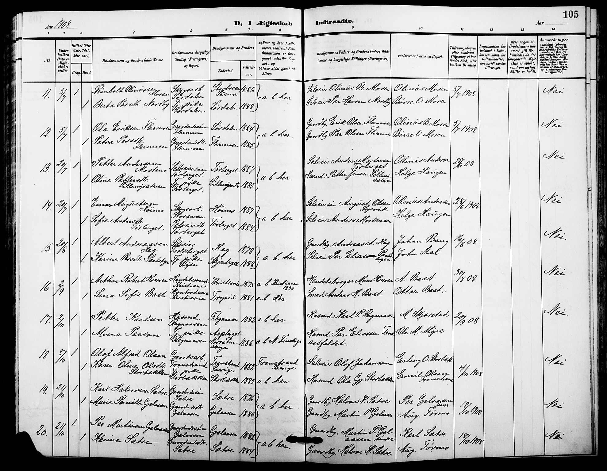 Trysil prestekontor, AV/SAH-PREST-046/H/Ha/Hab/L0009: Klokkerbok nr. 9, 1904-1924, s. 105