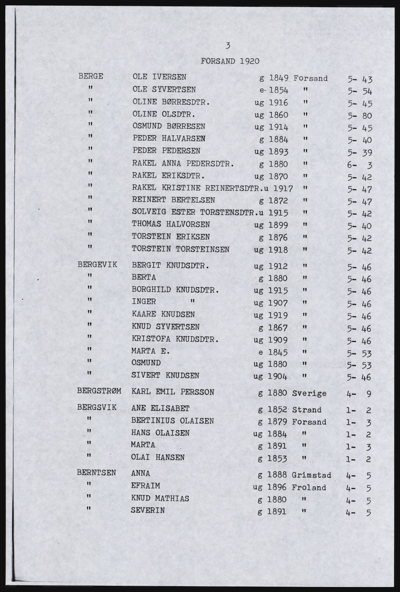 SAST, Avskrift av folketellingen 1920 for Forsand herred, 1920, s. 9