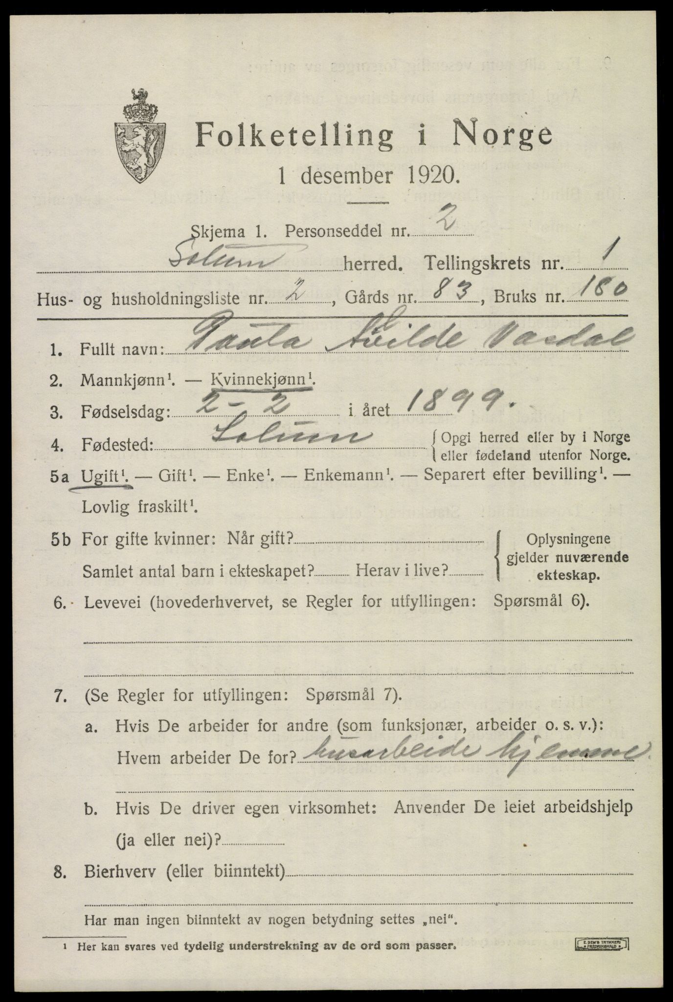 SAKO, Folketelling 1920 for 0818 Solum herred, 1920, s. 2258