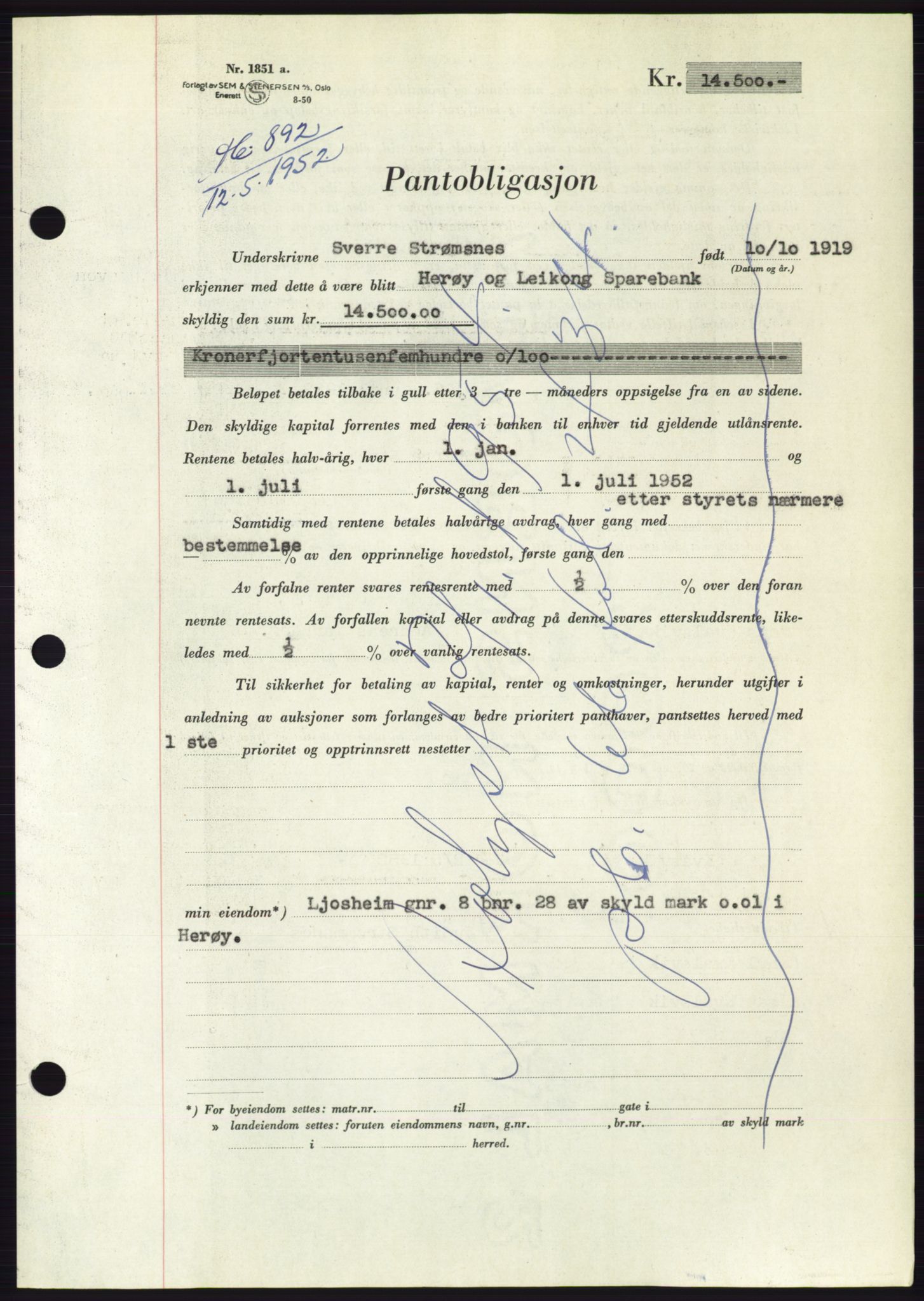 Søre Sunnmøre sorenskriveri, AV/SAT-A-4122/1/2/2C/L0121: Pantebok nr. 9B, 1951-1952, Dagboknr: 892/1952