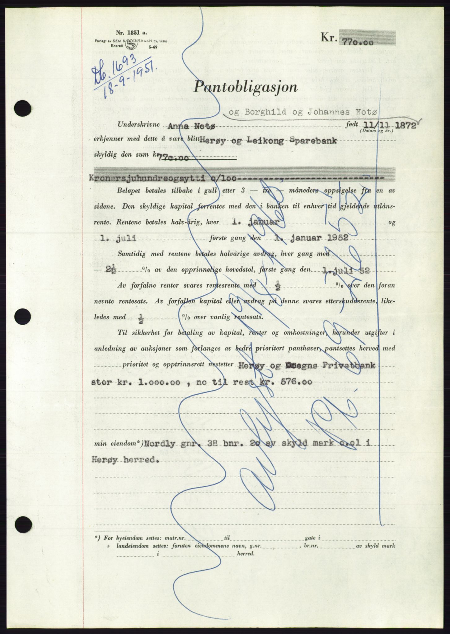 Søre Sunnmøre sorenskriveri, SAT/A-4122/1/2/2C/L0120: Pantebok nr. 8B, 1951-1951, Dagboknr: 1693/1951