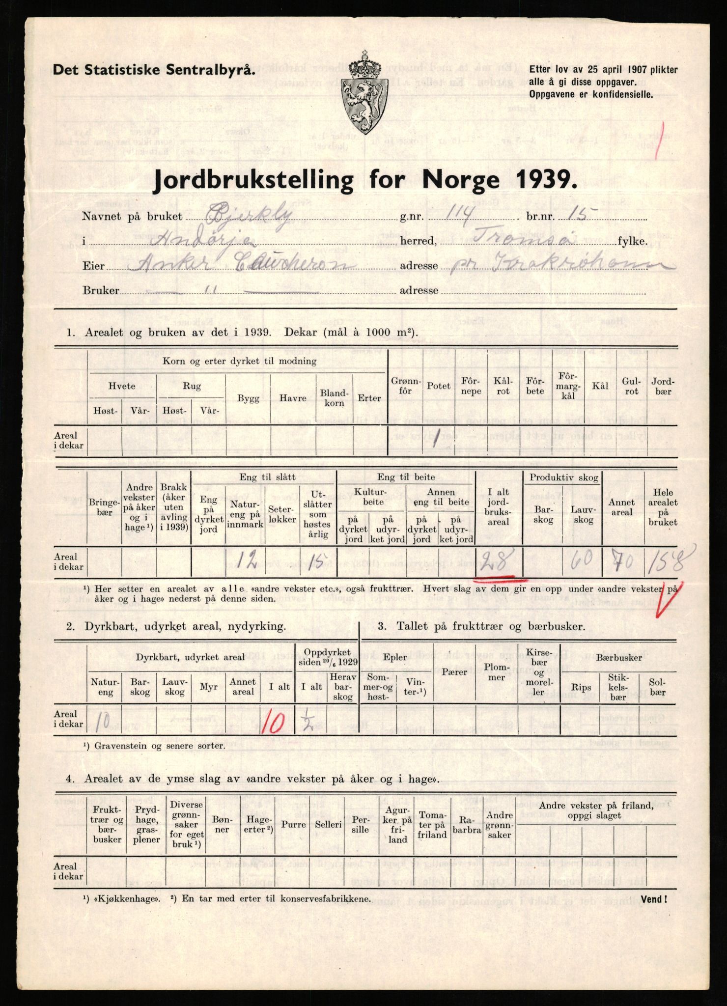 Statistisk sentralbyrå, Næringsøkonomiske emner, Jordbruk, skogbruk, jakt, fiske og fangst, AV/RA-S-2234/G/Gb/L0339: Troms: Andørja, Astafjord og Lavangen, 1939, s. 641