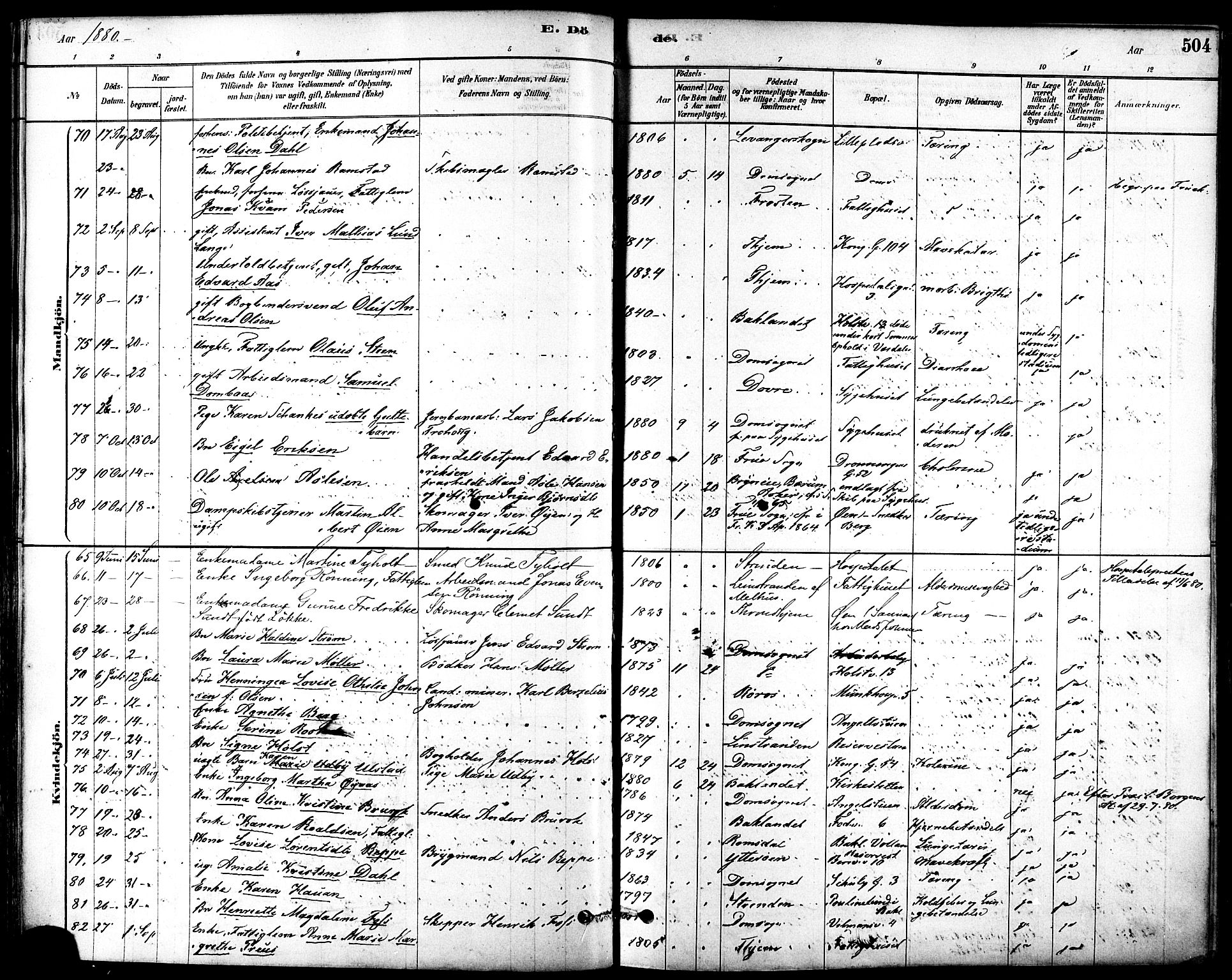 Ministerialprotokoller, klokkerbøker og fødselsregistre - Sør-Trøndelag, SAT/A-1456/601/L0058: Ministerialbok nr. 601A26, 1877-1891, s. 504