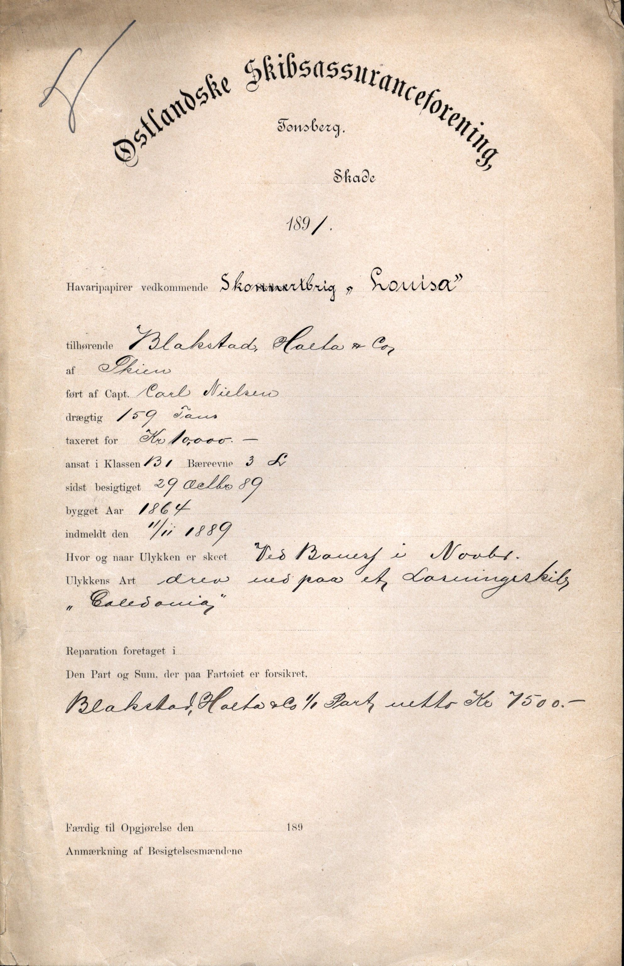 Pa 63 - Østlandske skibsassuranceforening, VEMU/A-1079/G/Ga/L0027/0001: Havaridokumenter / Magnolia, Kong Carl, Louise, Lindsay, Activ av Flekkefjord, 1891, s. 17